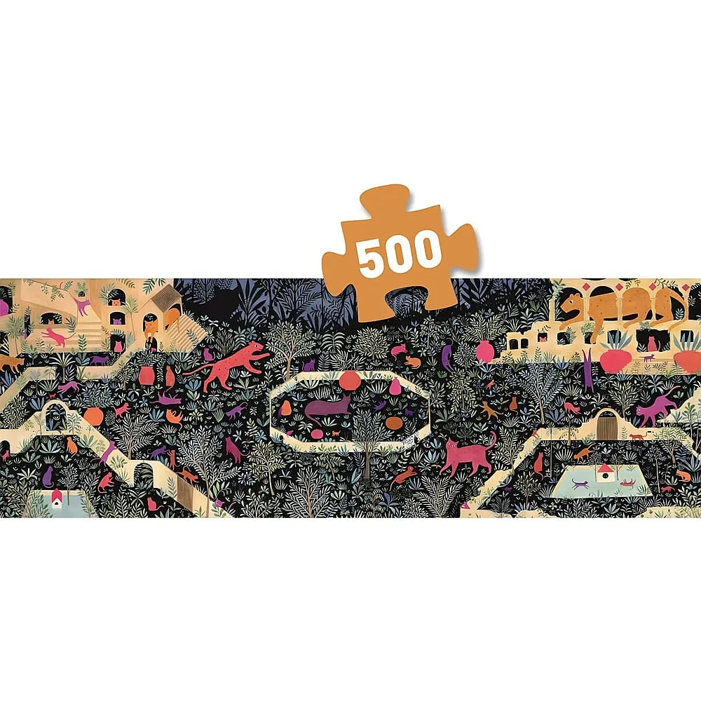 Un puzzle illustré représentant une scène de forêt nocturne détaillée remplie de chats colorés et de bâtiments.