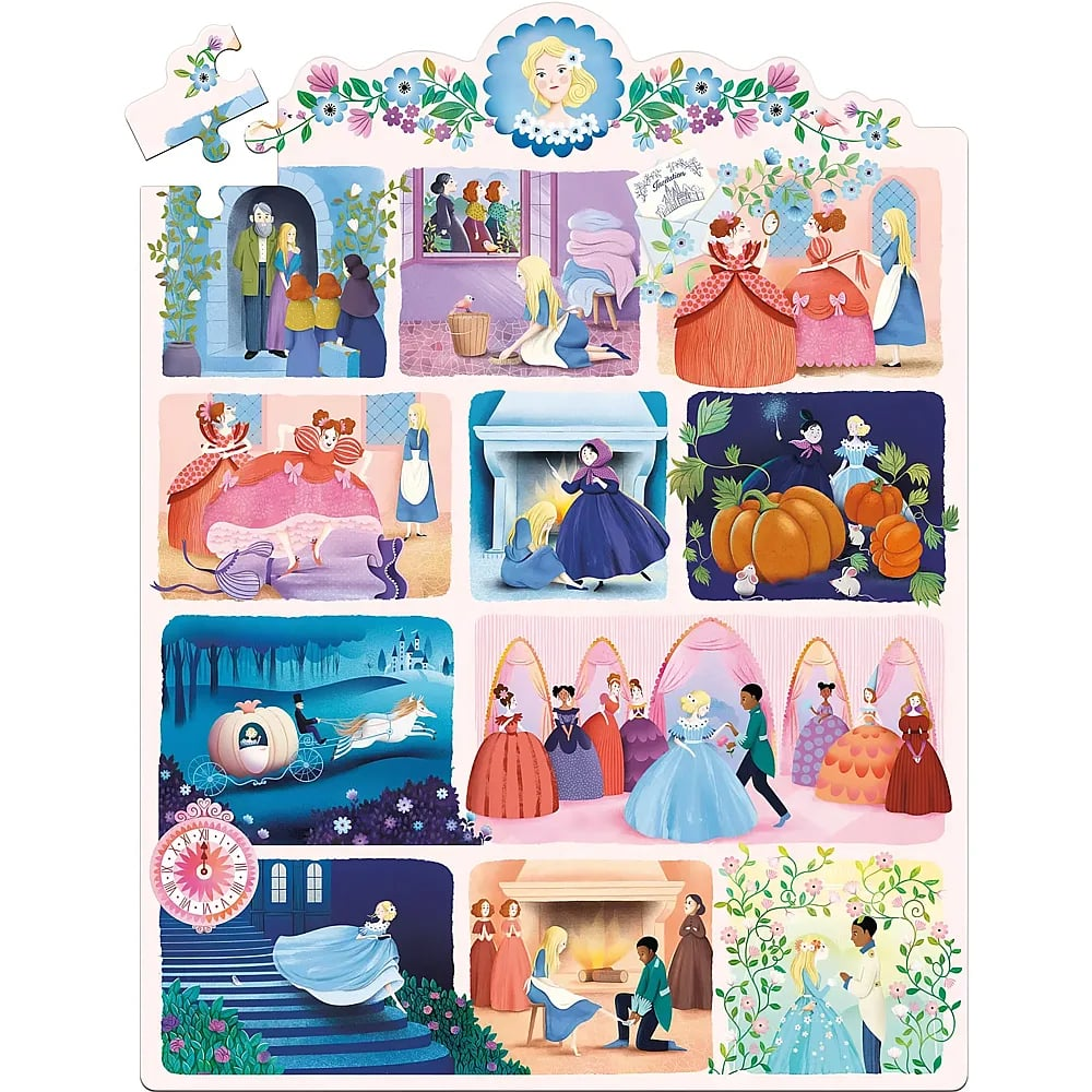Un puzzle coloré de Cendrillon avec diverses scènes de l'histoire classique.