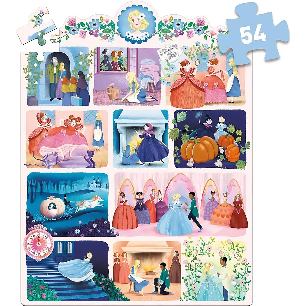 Un puzzle coloré représentant des scènes de Cendrillon, avec des personnages en robes anciennes et un carrousel.
