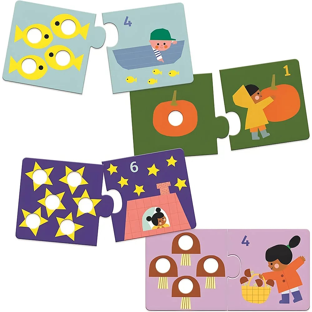 Pièces de puzzle éducatives avec des chiffres, des objets à compter et des enfants dans diverses scènes.
