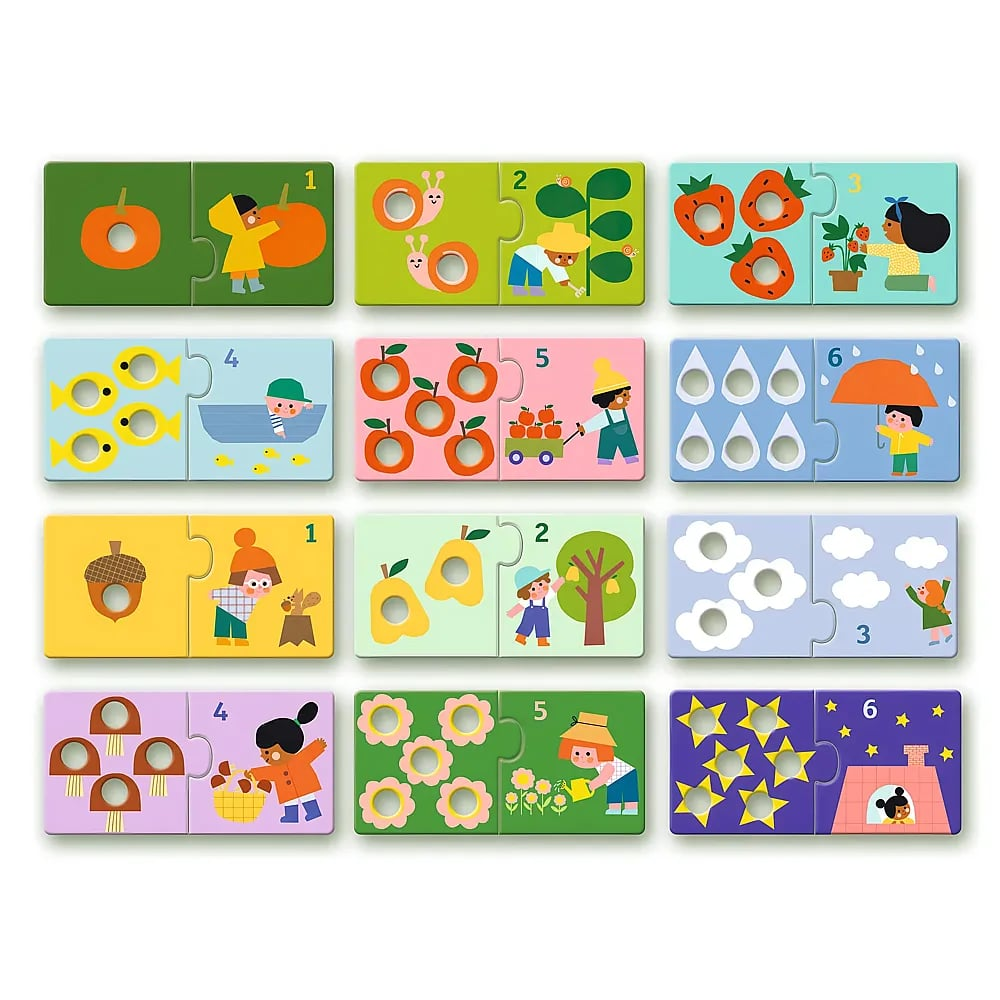 Puzzles éducatifs colorés pour enfants avec chiffres, fruits, animaux et enfants jouant sur fond blanc.