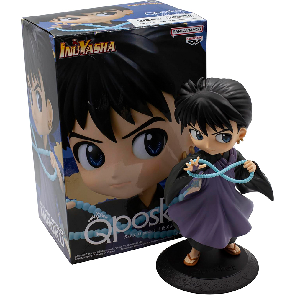 Una figura de InuYasha Miroku Q posket de pie frente a su caja de producto sobre fondo blanco.