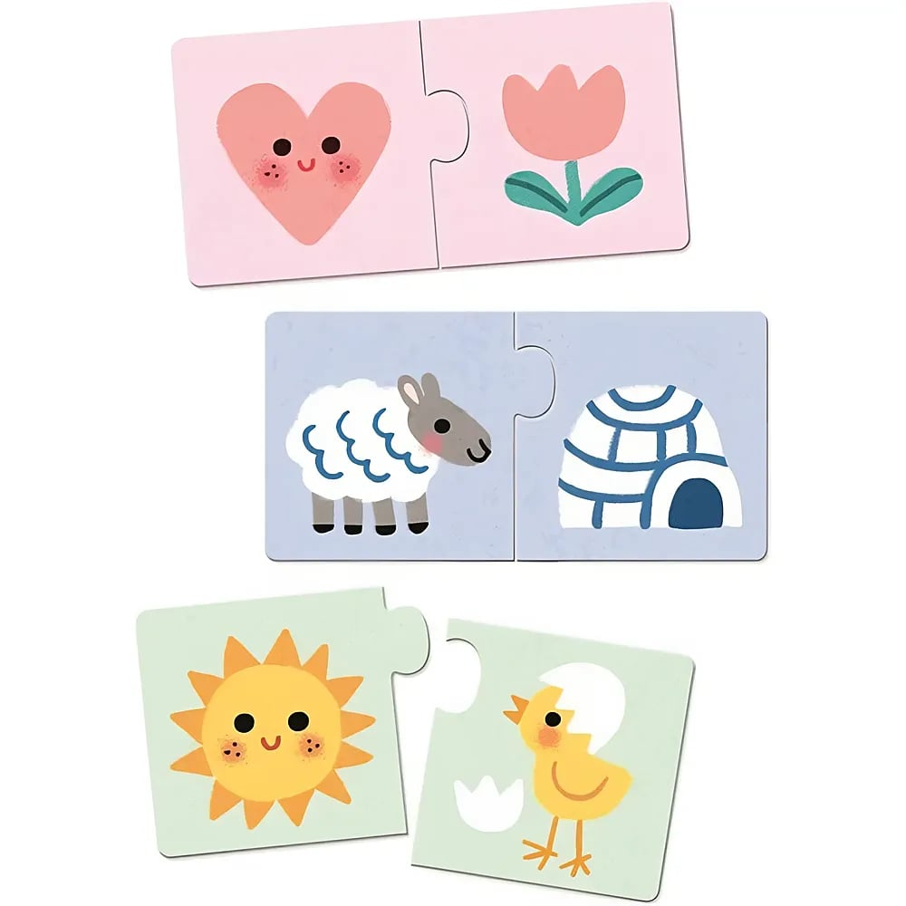 Trois paires de cartes de puzzle avec des illustrations mignonnes d'un cœur, d'une fleur, d'un mouton, d'un igloo, d'un soleil et d'un poussin.