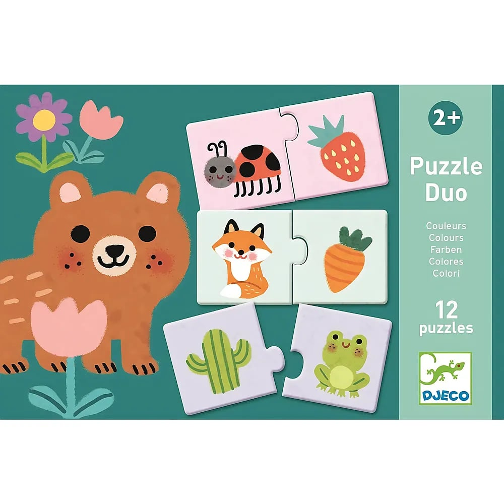 Boîte de puzzle pour tout-petits Djeco avec un ours et des paires d'animaux dès 2 ans.