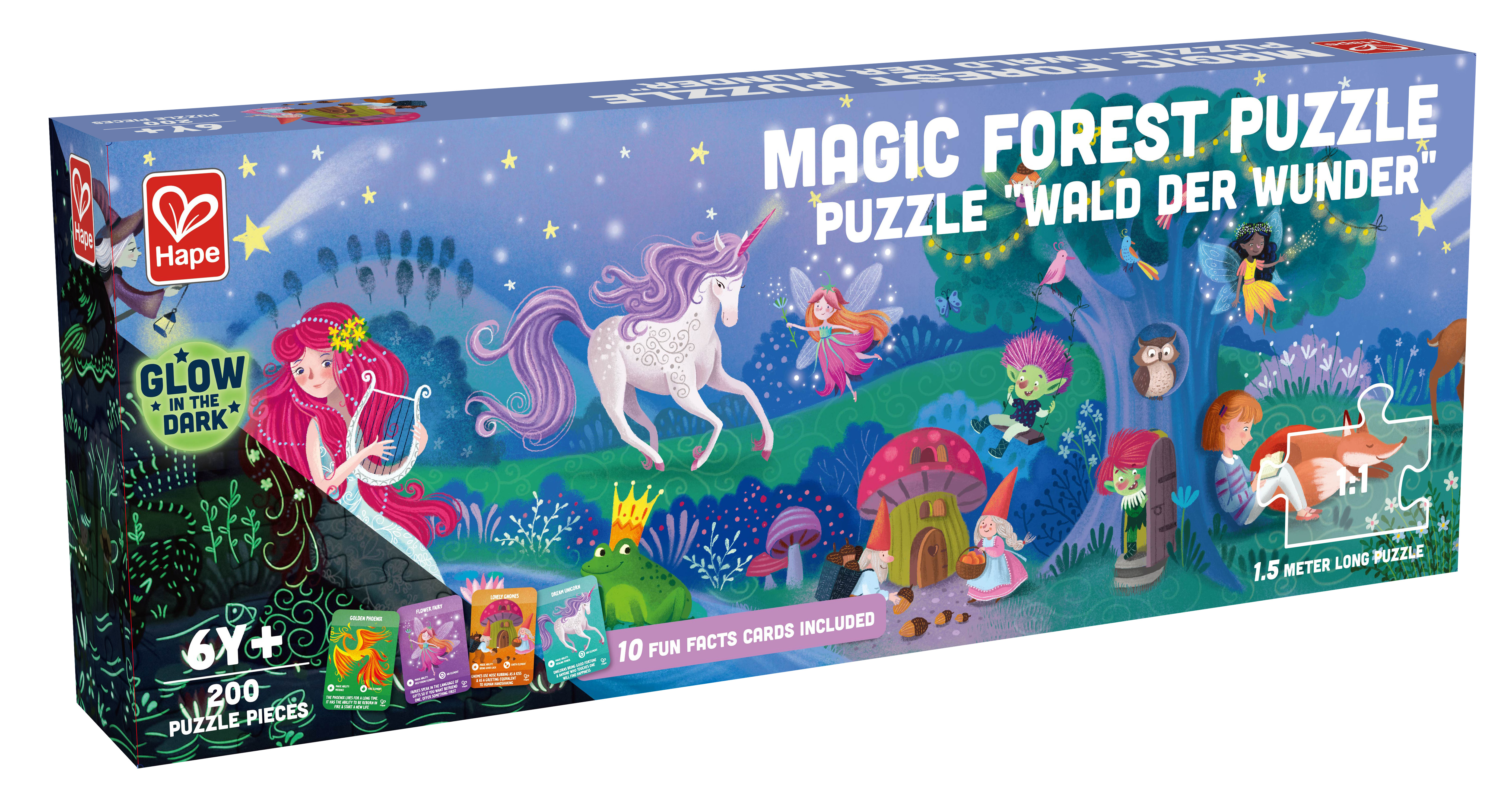 Boîte d'un puzzle de forêt magique avec des licornes, des fées et des animaux.