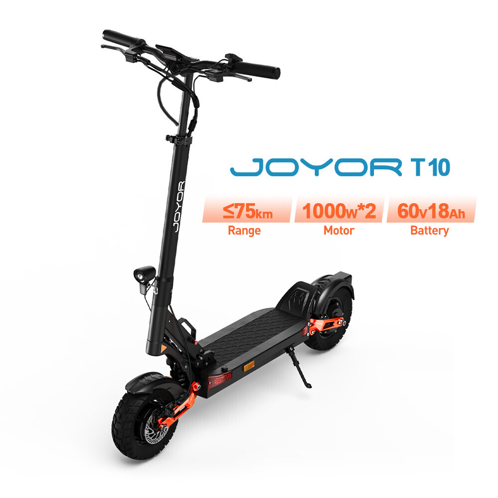 Monopattino elettrico nero JOYOR T10 con dettagli arancioni e specifiche tecniche su sfondo bianco.