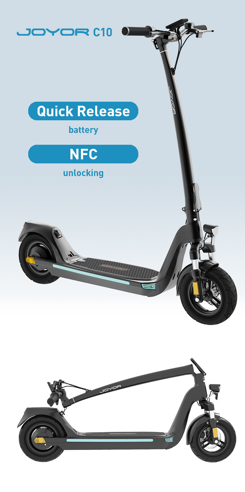Monopattino elettrico JOYOR C10 con batteria a rilascio rapido e sblocco NFC, in piedi e piegato.