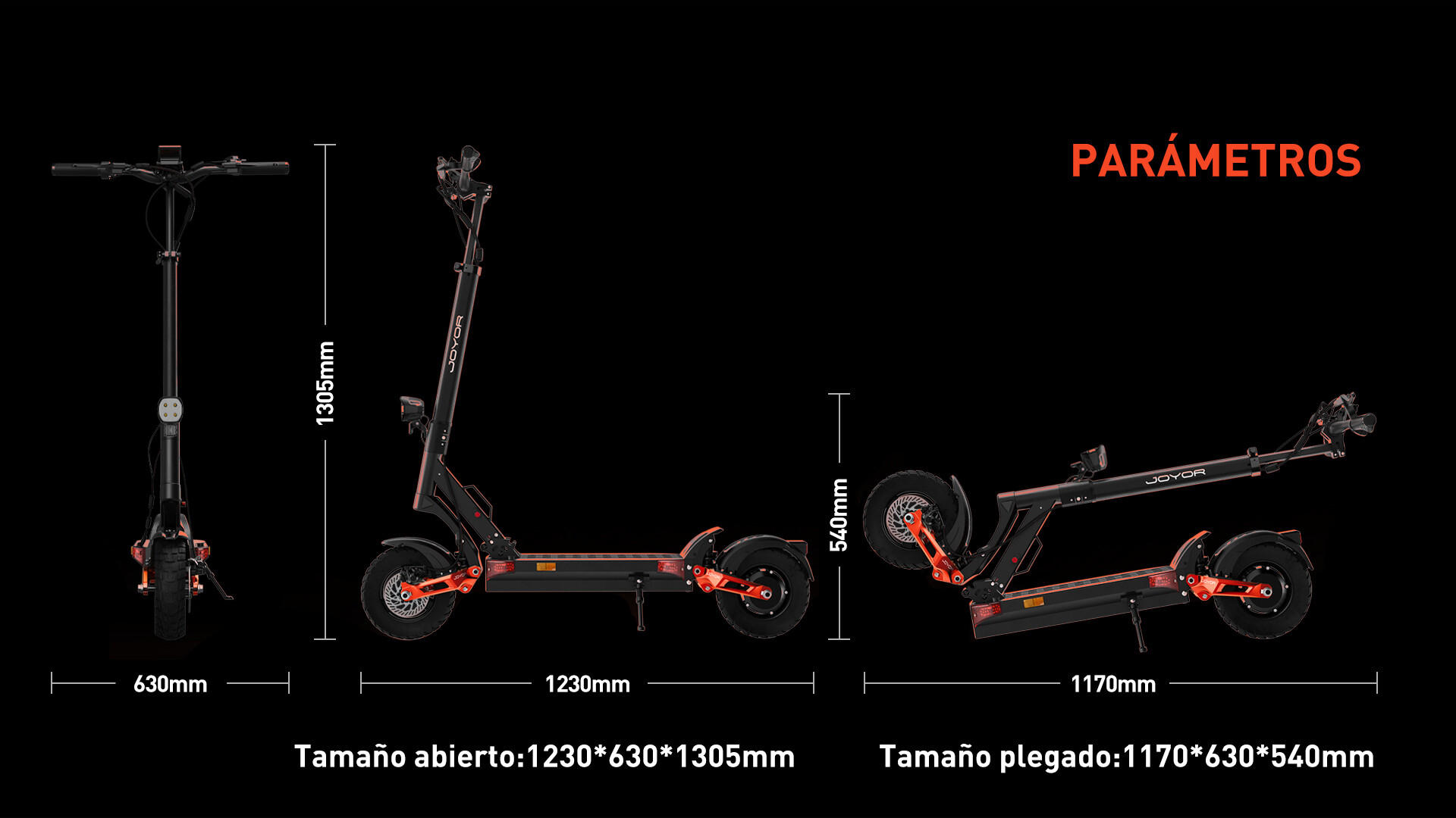 Dimensioni di un monopattino elettrico in vista frontale, laterale e piegata su sfondo nero.