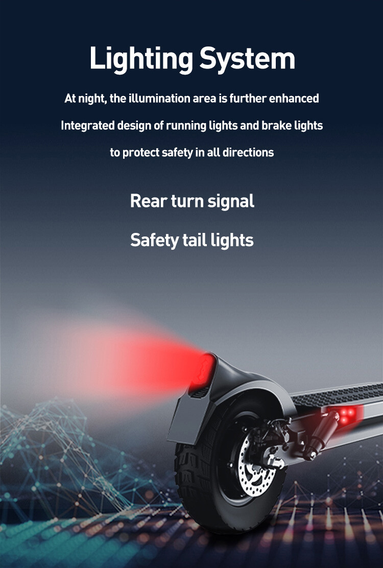 Monopattino elettrico con luce posteriore rossa brillante e luci di stop integrate.