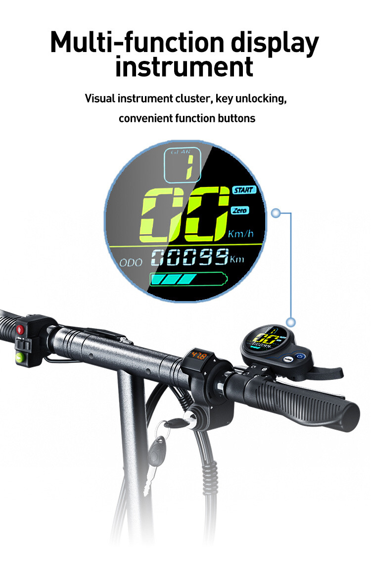 Manubrio di monopattino elettrico con display multifunzione e interruttore a chiave.