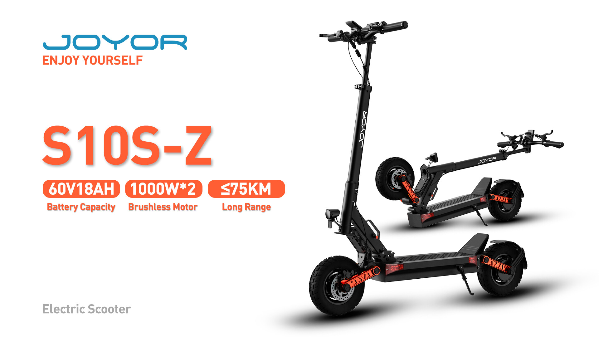 Immagine promozionale del monopattino elettrico nero Joyor S10S-Z con dettagli arancioni e specifiche tecniche.