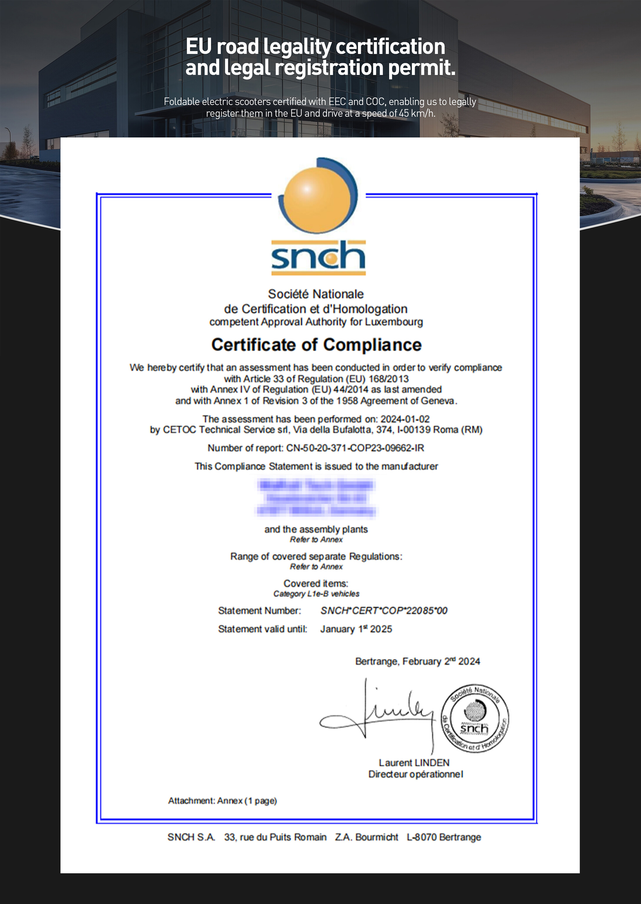 Certificato di conformità UE di SNCH per monopattini elettrici con logo e firma.