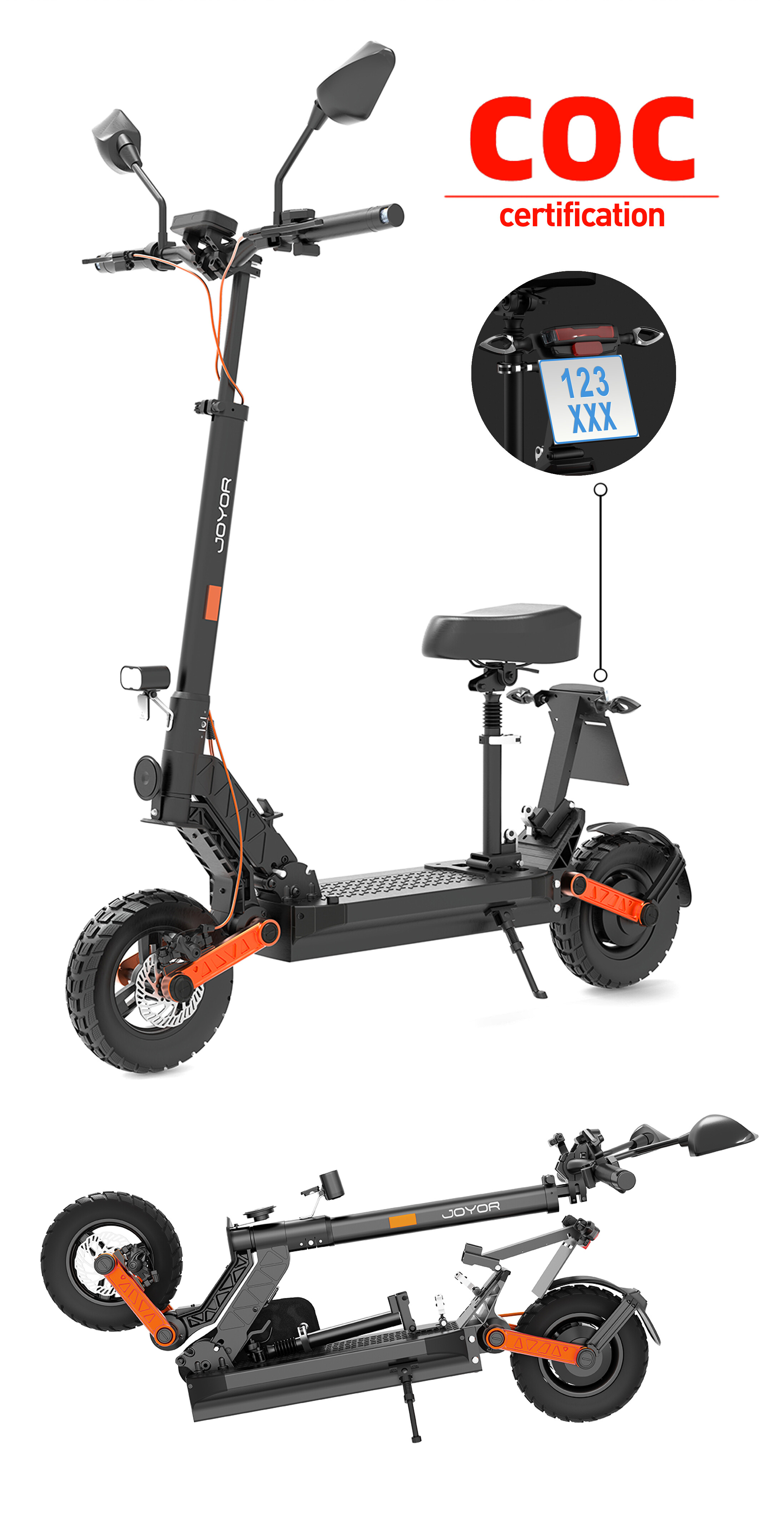 Monopattino elettrico Joyor nero con sedile, certificazione COC e design pieghevole su sfondo bianco.