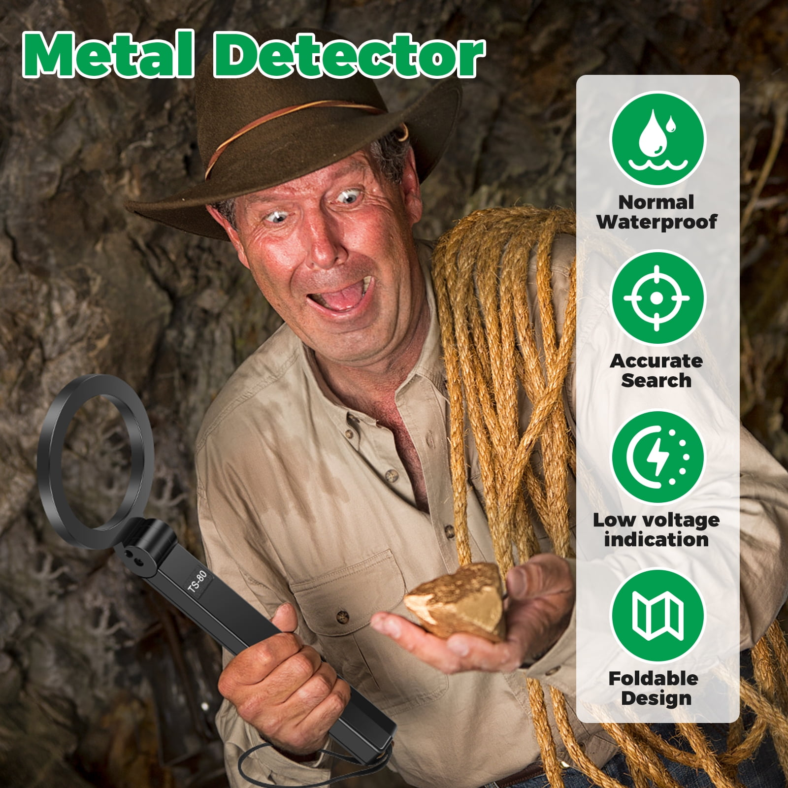 Aufgeregter Mann mit Hut hält einen Metalldetektor und zeigt stolz einen goldenen Nugget.