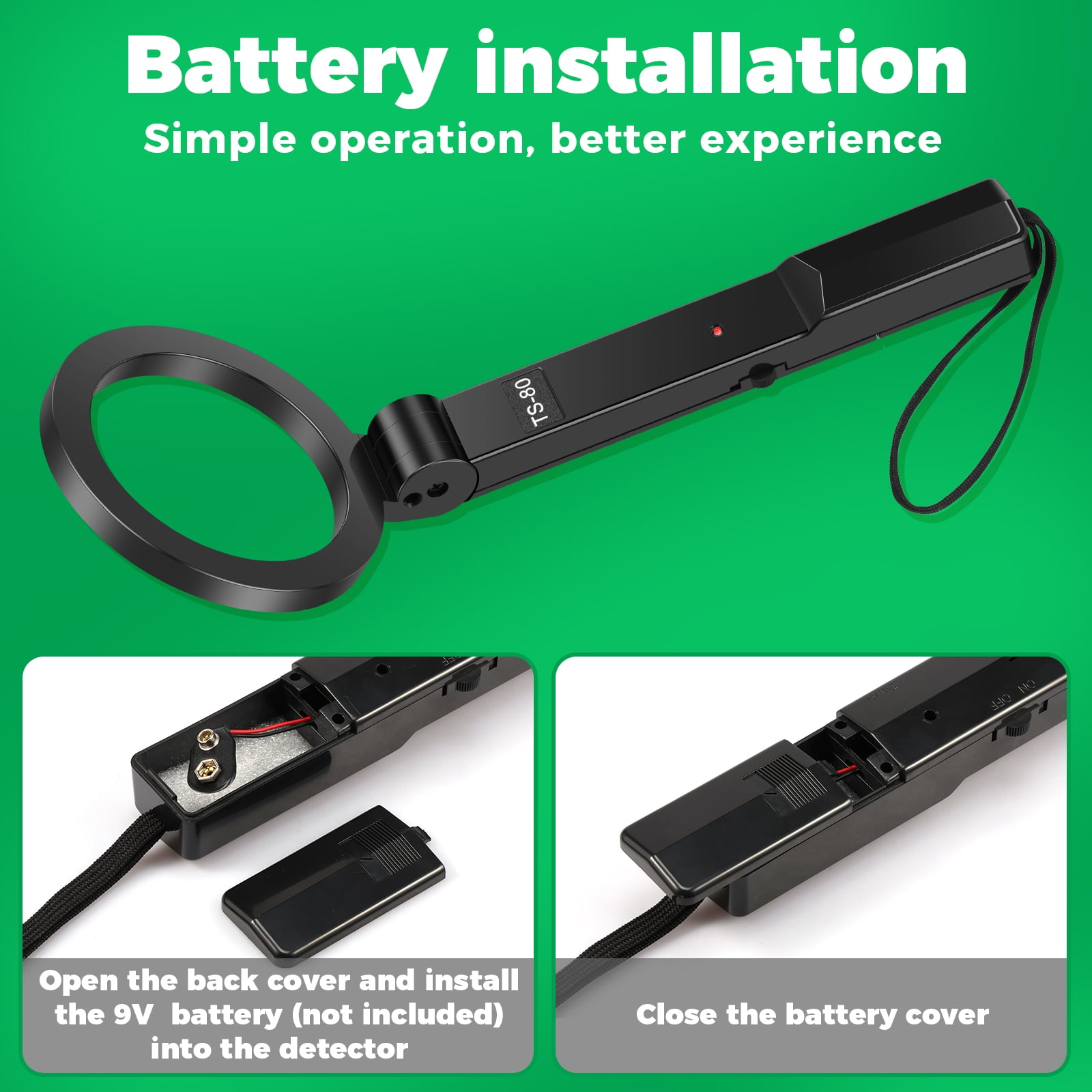 Anleitung zur Installation einer 9V-Batterie in einen schwarzen Metalldetektor.