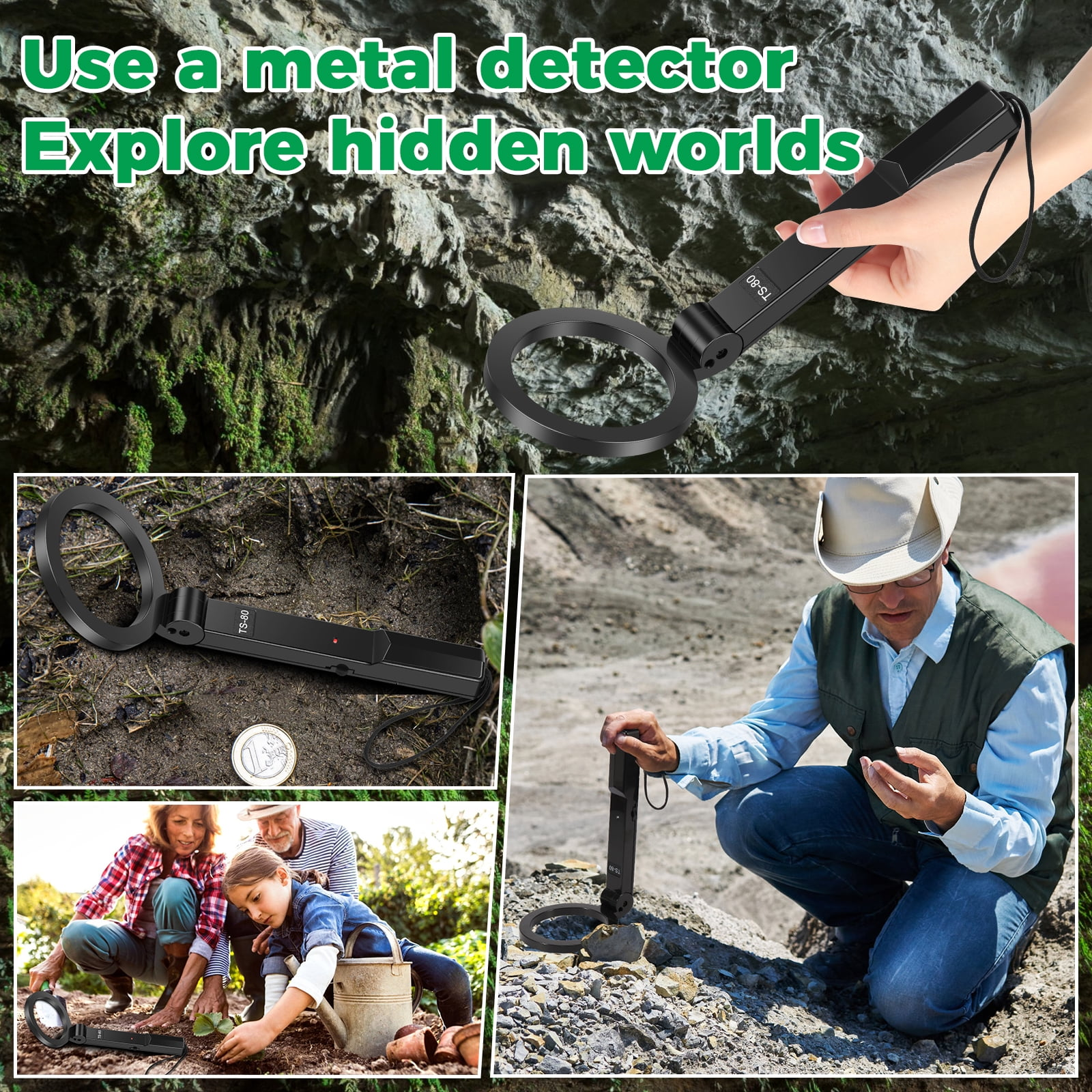 Eine Collage mit einem kleinen Metalldetektor, der von Personen im Freien in felsiger und erdiger Umgebung benutzt wird.