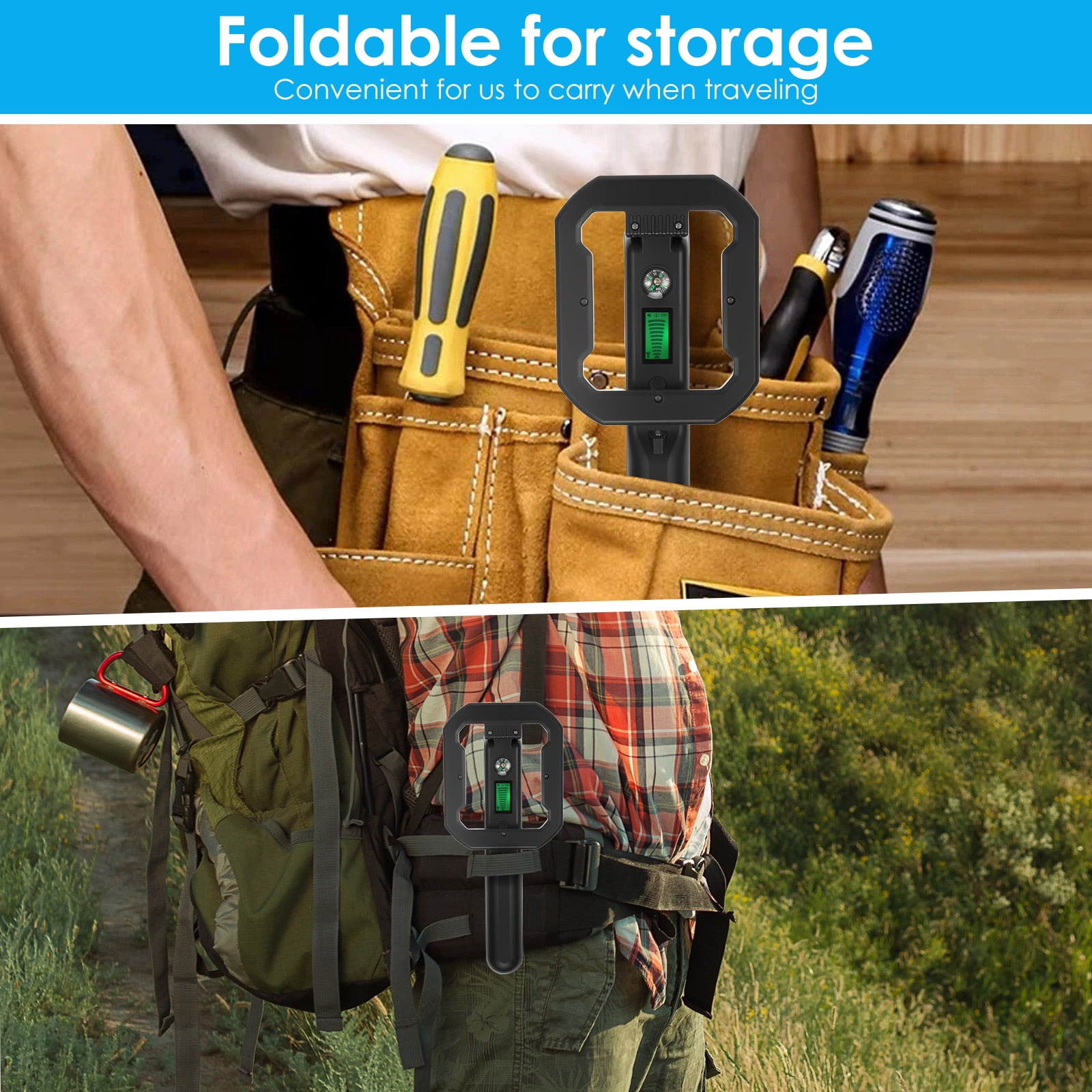 Ein faltbarer Metalldetektor in einer Werkzeugtasche und an einem Rucksack, ideal für Reisen.