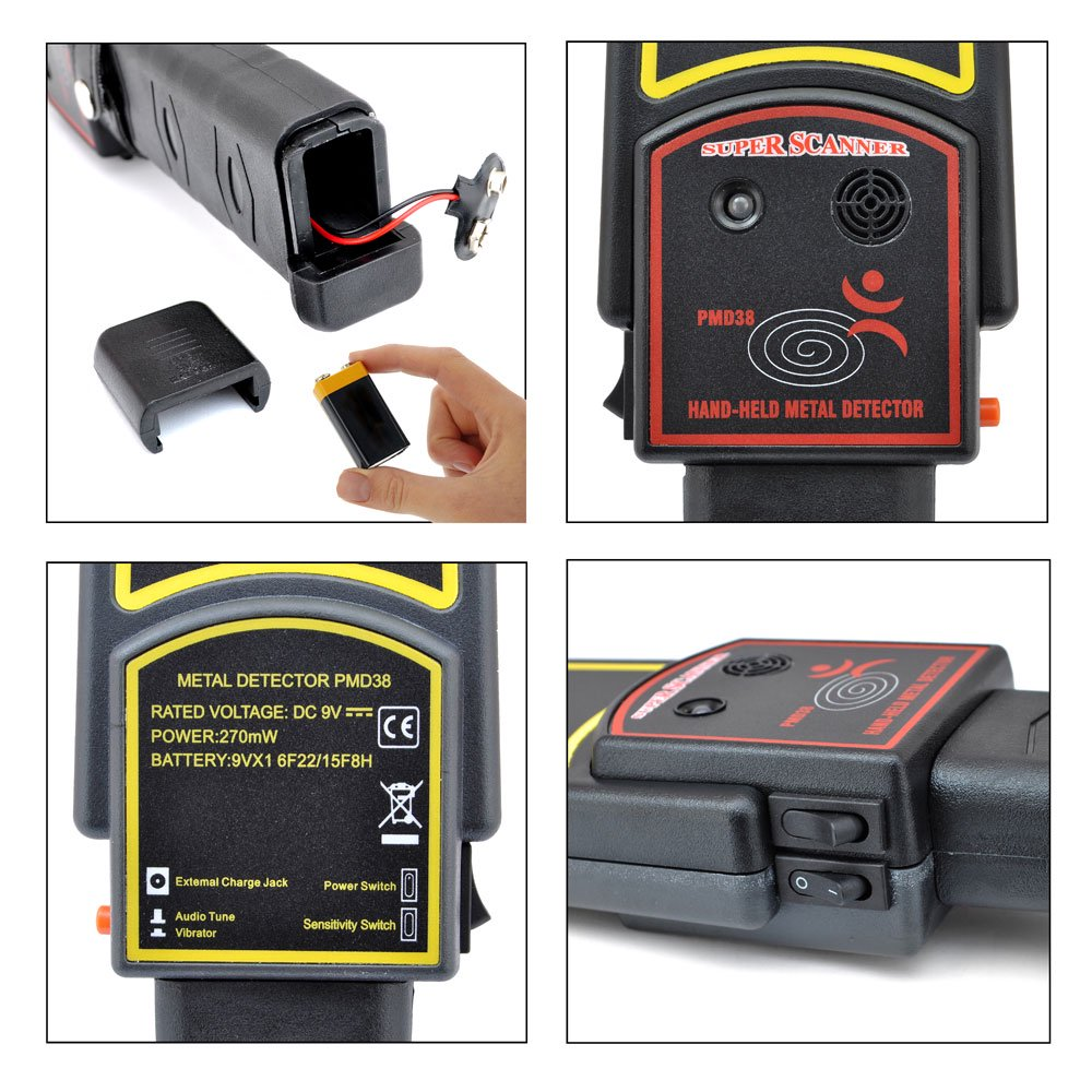 Vier Detailaufnahmen eines PMD38 Handdetektors mit Batterie, Schaltern und technischem Etikett auf weißem Hintergrund.