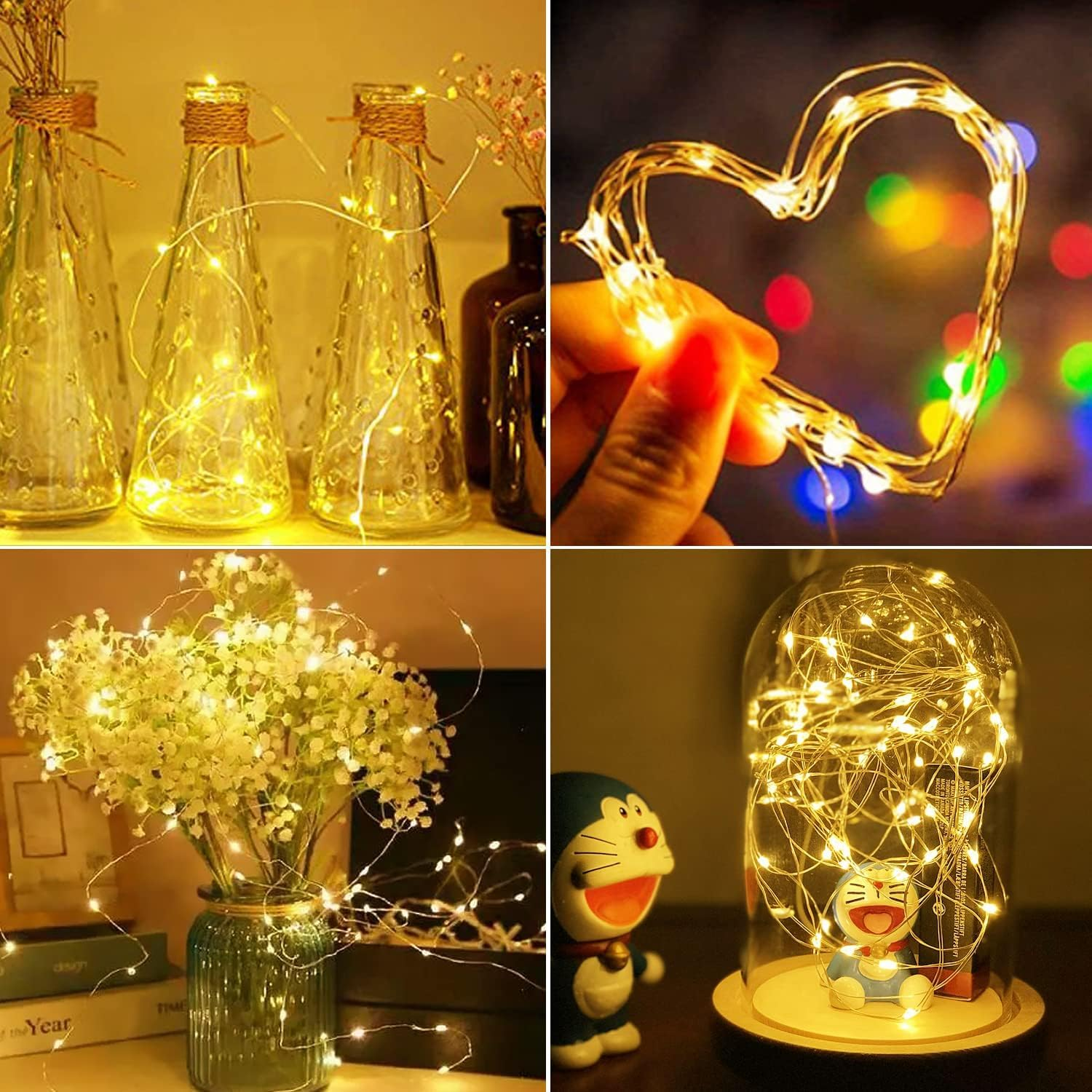 Vier Bilder mit warmen LED-Lichterketten in Glasflaschen, als Herz geformt, in Blumen und in einer Glaskuppel.