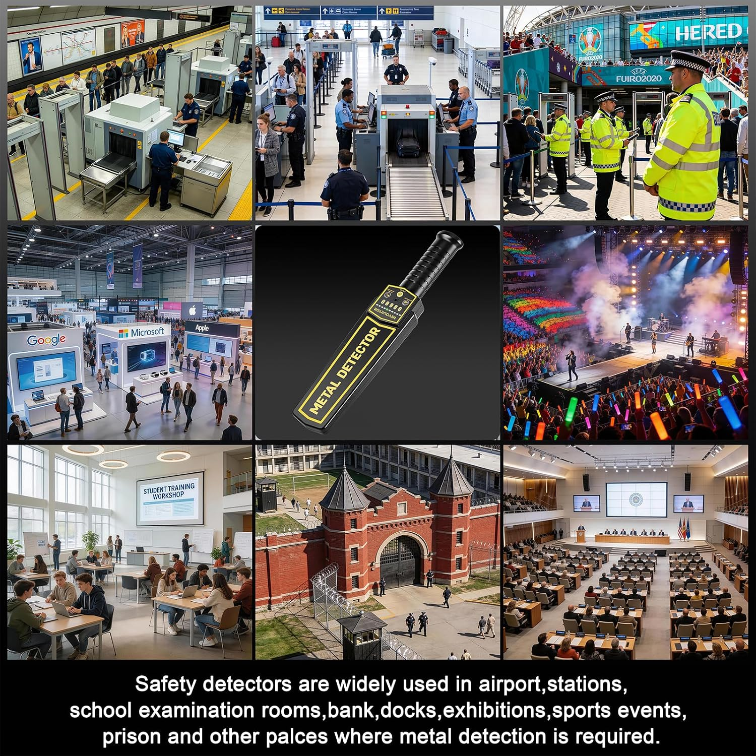 Collage von Sicherheitskontrollen, Metalldetektoren und öffentlichen Veranstaltungen.
