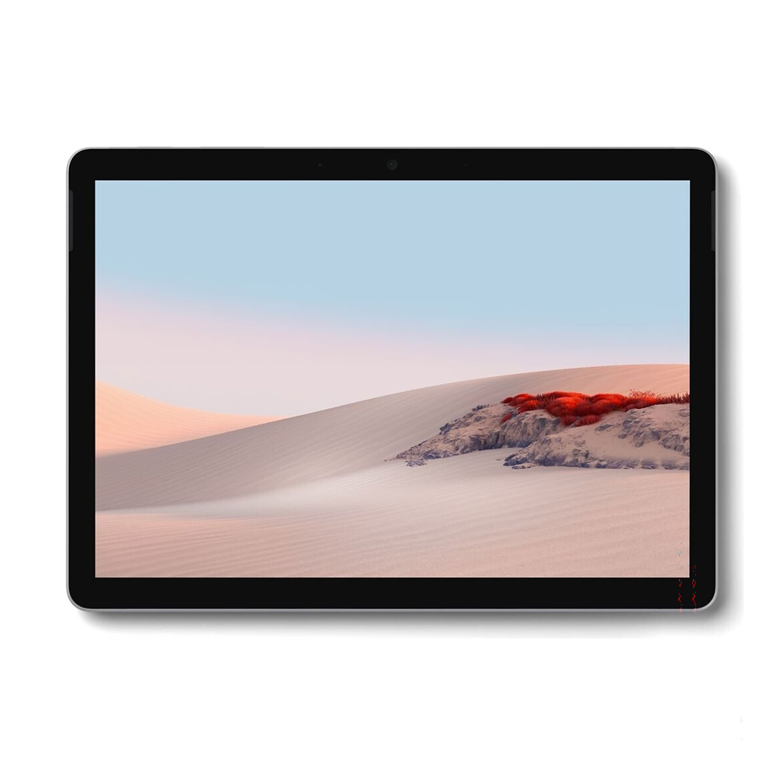 Ein Tablet mit einer Hintergrundbildschirmdarstellung von roten Felsen und sandigen Dünen unter einem Pastellhimmel.