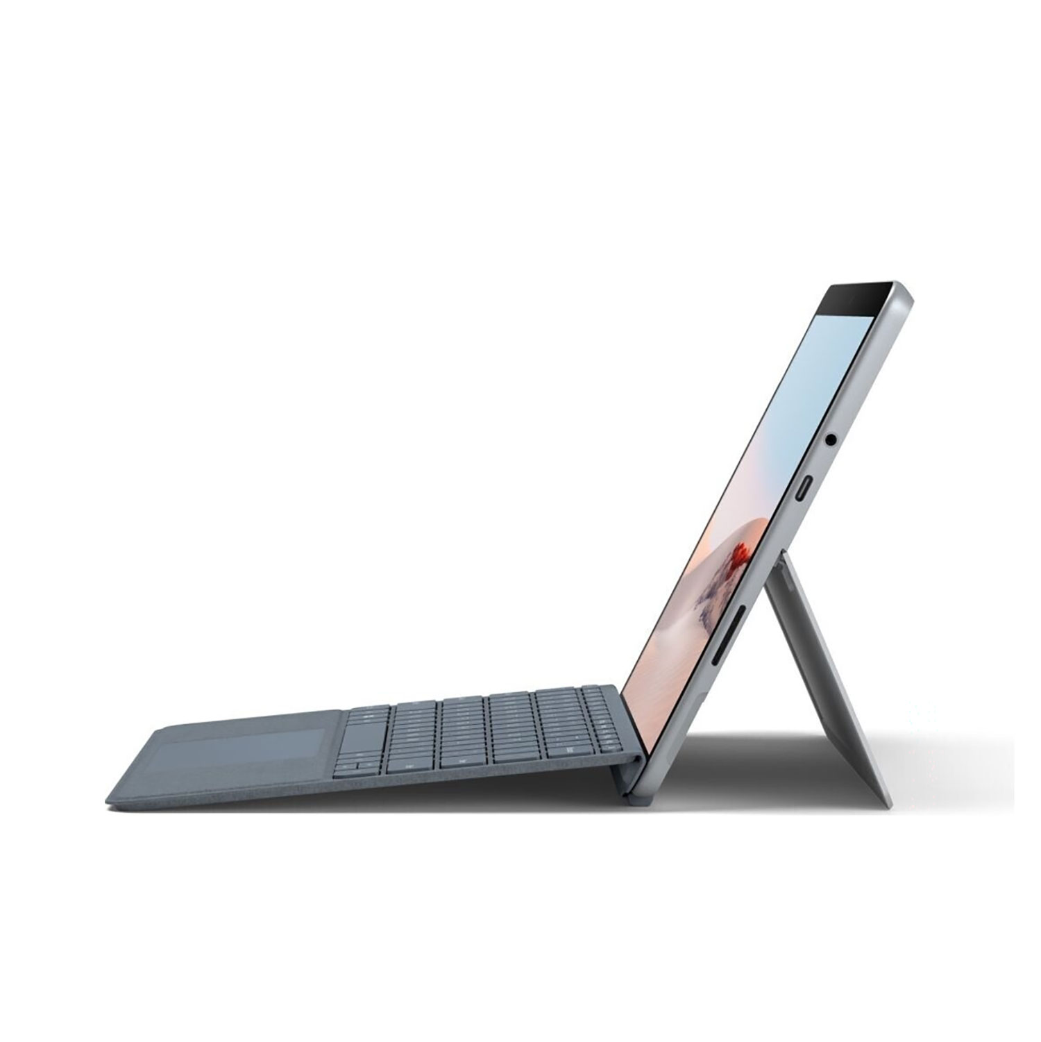 Seitenansicht eines grauen Tablets mit Tastatur und Ständer vor weißem Hintergrund.