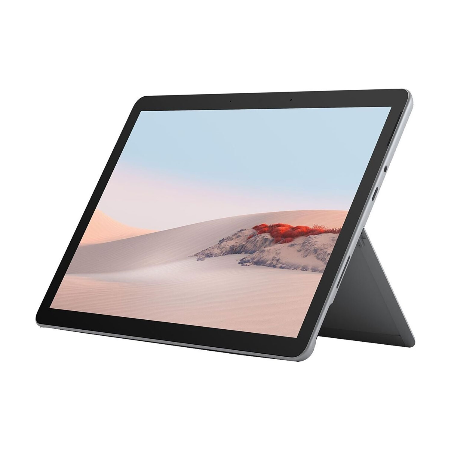 Ein silbernes Tablet mit integriertem Ständer zeigt ein Wüstenbild mit roten Pflanzen auf einem Felsen.