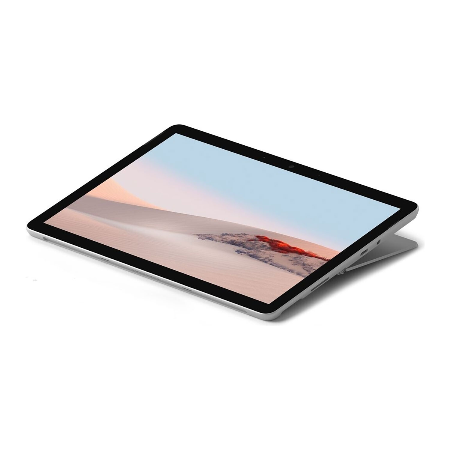Ein silbernes Tablet mit integriertem Ständer und einer Wüstenlandschaft auf dem Bildschirm auf weißem Hintergrund.