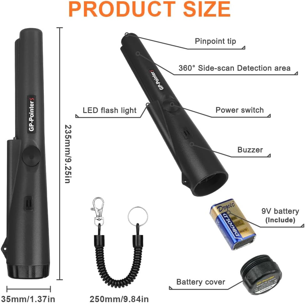 Diagramm zeigt die Produktabmessungen und Teile eines schwarzen Pinpointer-Metalldetektors mit Zubehör.