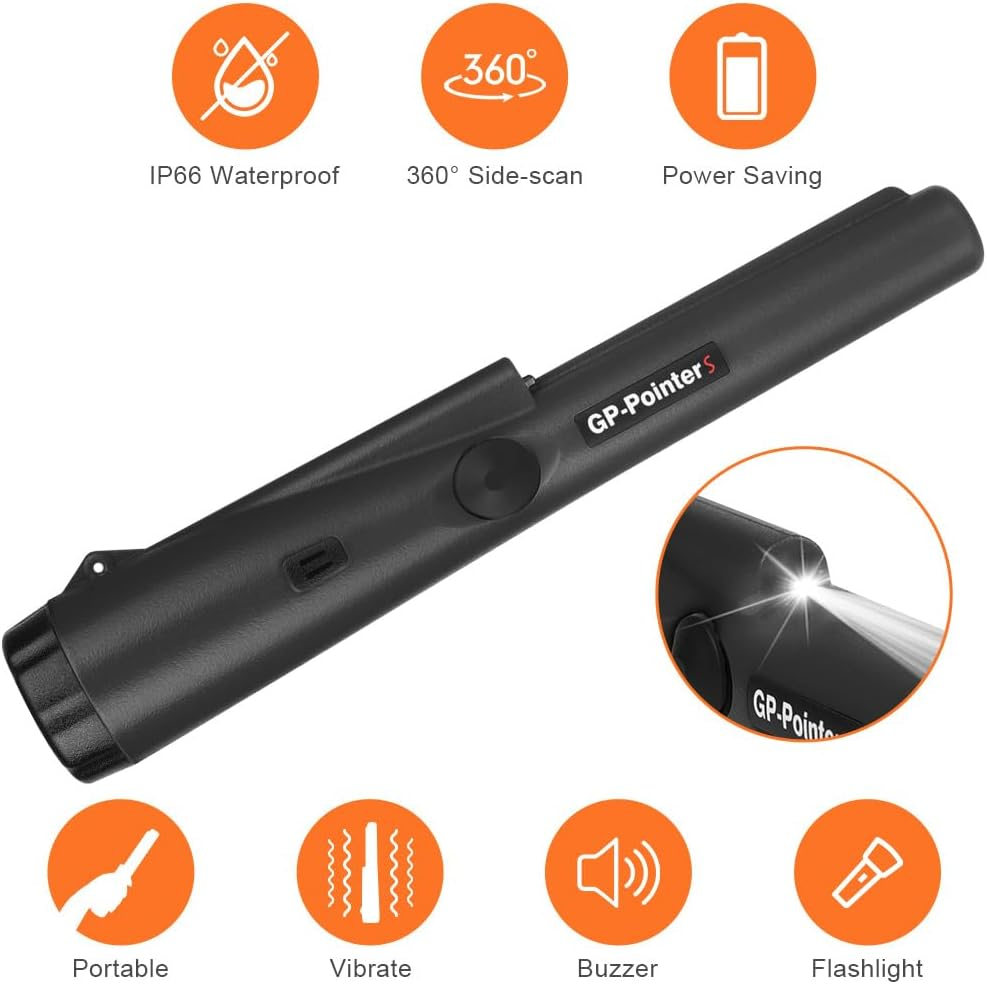 Ein schwarzer GP-Pointer S Metalldetektorstab mit orangefarbenen Symbolen, die seine Hauptfunktionen zeigen.