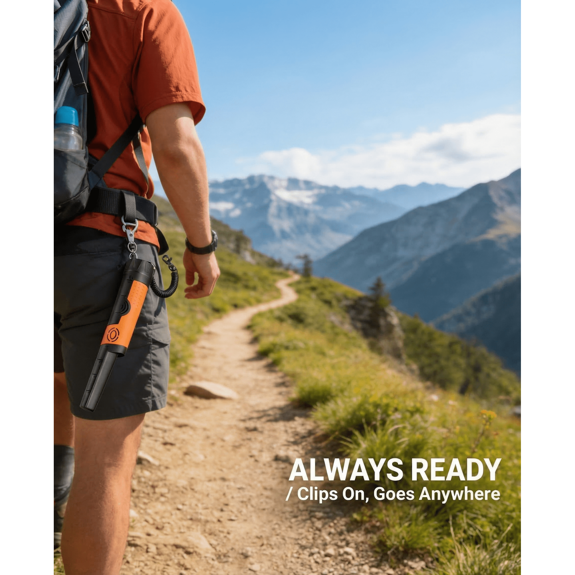 Ein Wanderer geht auf einem Bergpfad mit einem orangen und schwarzen Gerät am Gürtel.