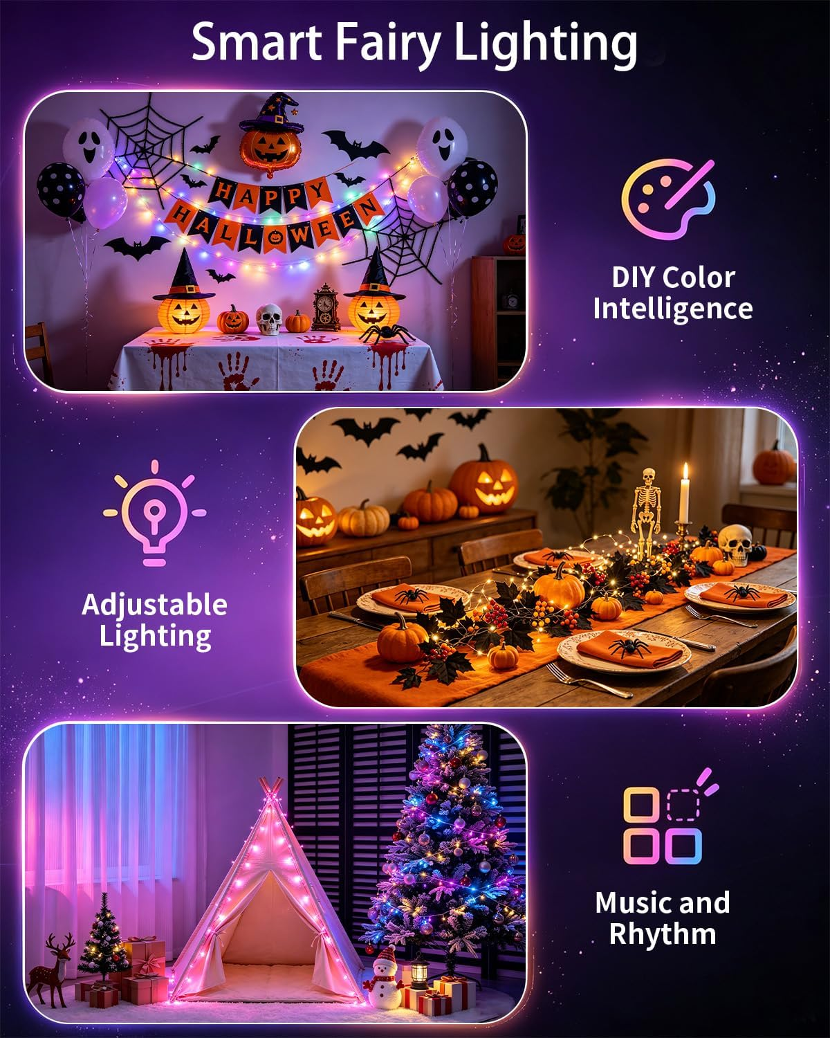 Intelligente Lichterkette mit Halloween-Dekor, Esstisch, beleuchtetem Tipi und Weihnachtsbaum.