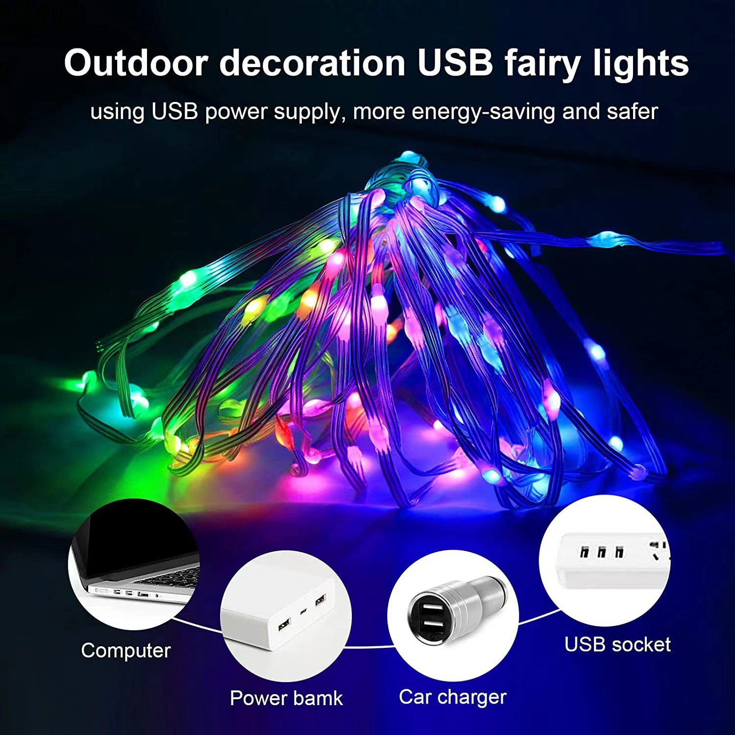 Mehrfarbige USB-Lichterkette mit Symbolen für Computer, Powerbank, Kfz-Ladegerät und USB-Buchse als Stromquelle.