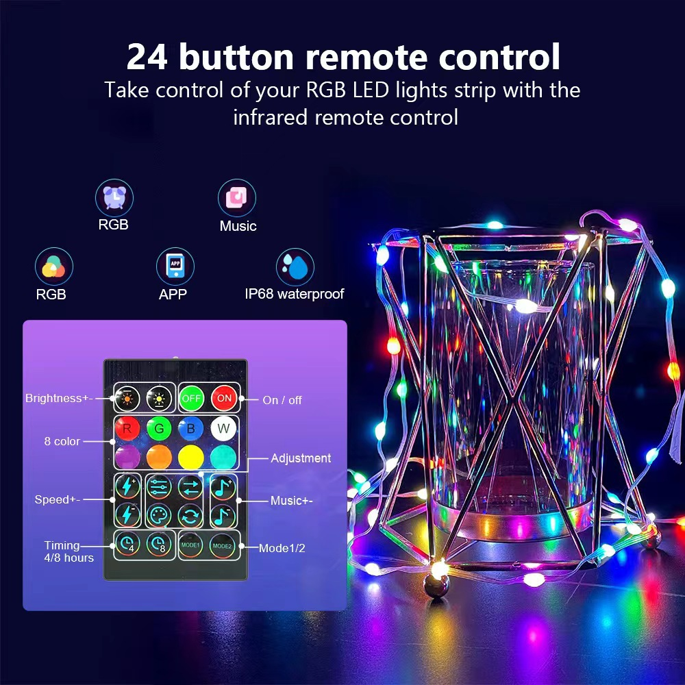 LED-Fernbedienung mit 24 Tasten und buntem Lichterstreifen um einen Kerzenhalter.