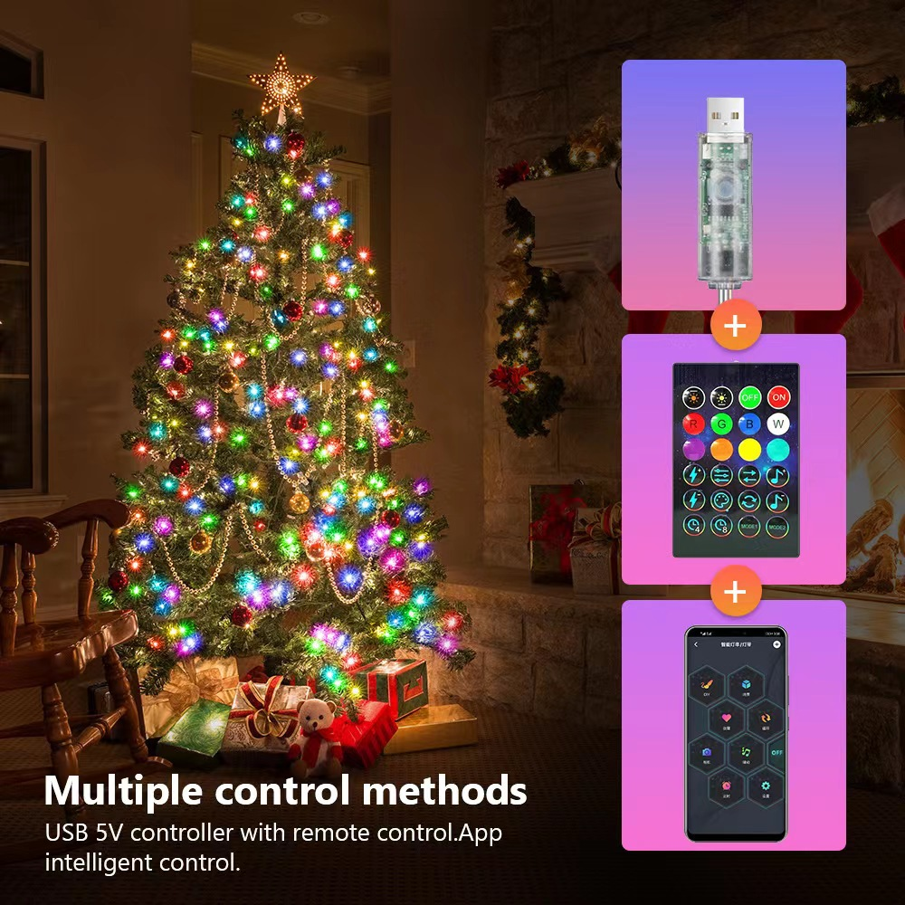 Ein beleuchteter Weihnachtsbaum neben Steuerungsmethoden mit USB-Stecker, Fernbedienung und App.