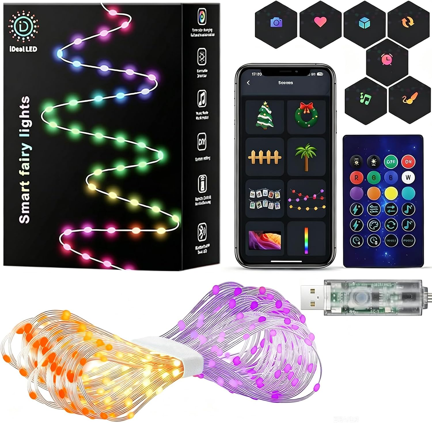 Smart LED Lichterkette mit Box, Smartphone-App, Fernbedienung und USB-Anschluss.