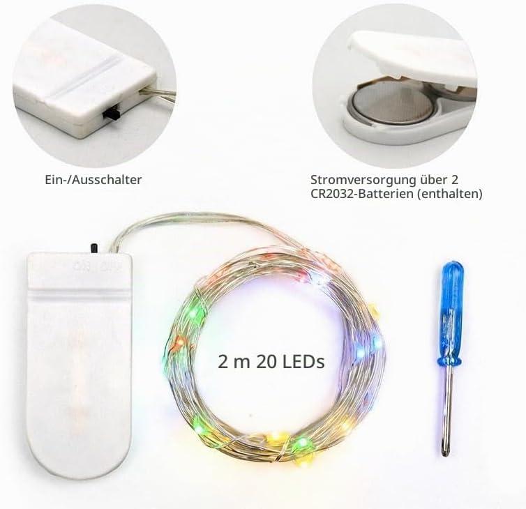 Eine 2m lange LED-Lichterkette mit 20 LEDs, Batteriebox, Schalter und kleinem Schraubenzieher auf weißem Grund.