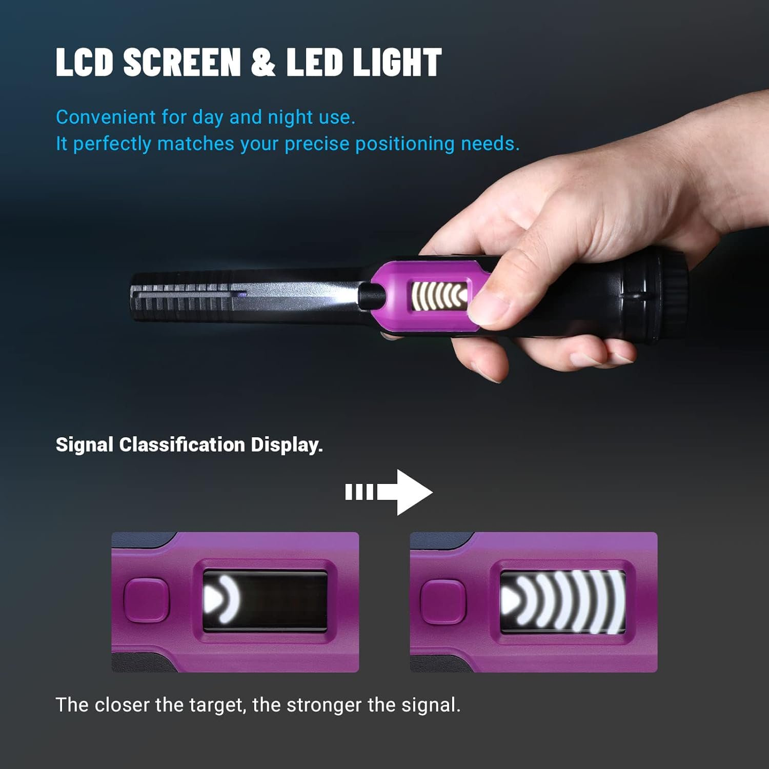 Eine Hand hält ein schwarz-violettes Gerät mit LCD-Bildschirm, das die Signalstärke anzeigt.