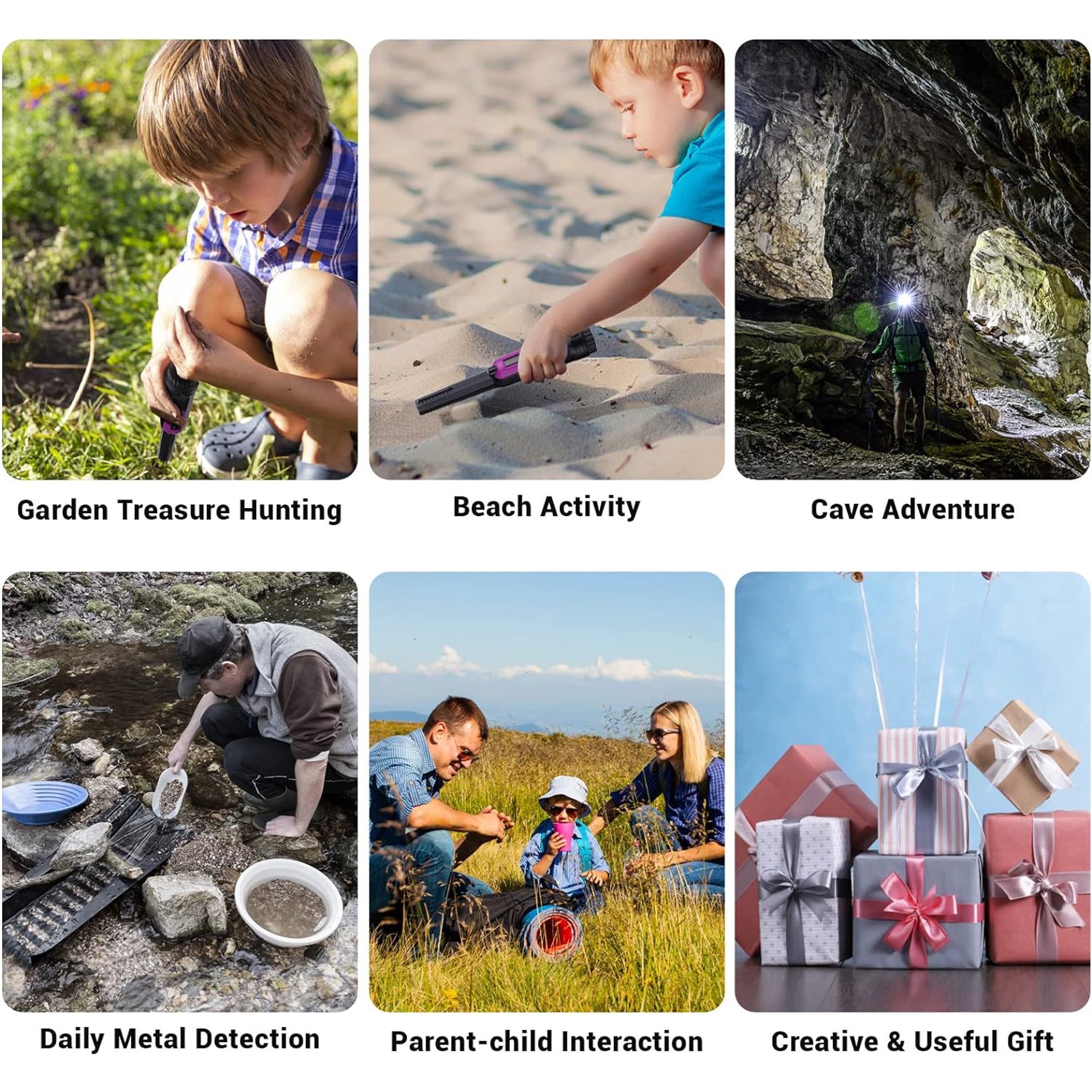 Collage von Outdoor-Aktivitäten wie Gartenarbeit, Strandspiel, Höhlenerkundung, Waschen, Camping und Geschenken.