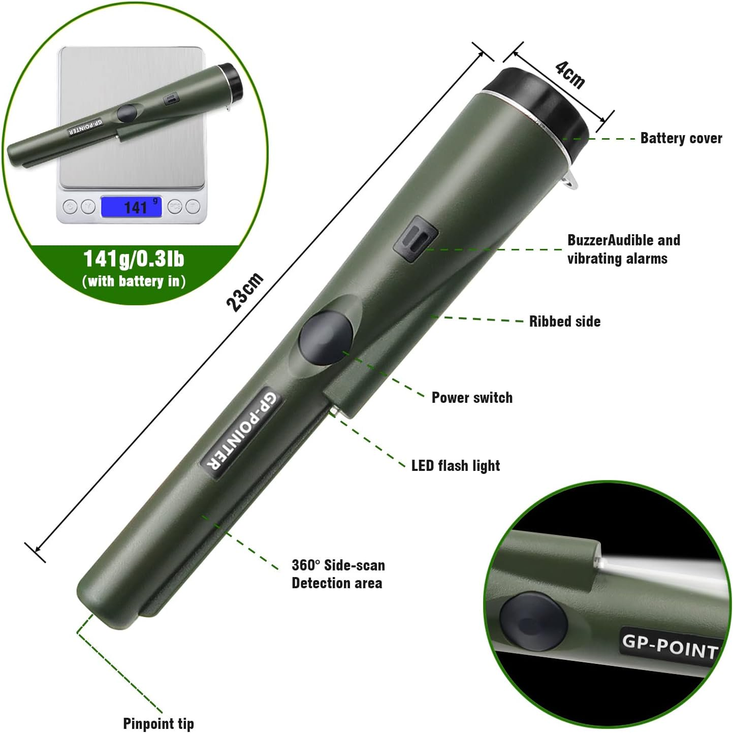 Diagramm eines grünen Pinpointer-Metalldetektors mit Maßen, Gewicht und erklärenden Beschriftungen seiner Teile.