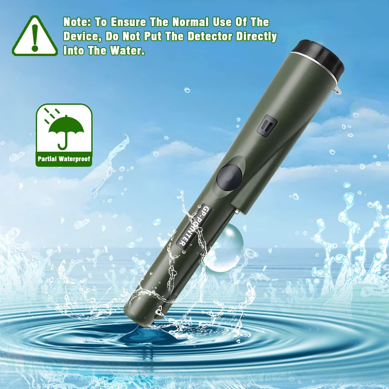 Grüner Metalldetektor über Wasser mit Spritzern und einem Schild mit der Aufschrift Partial Waterproof.