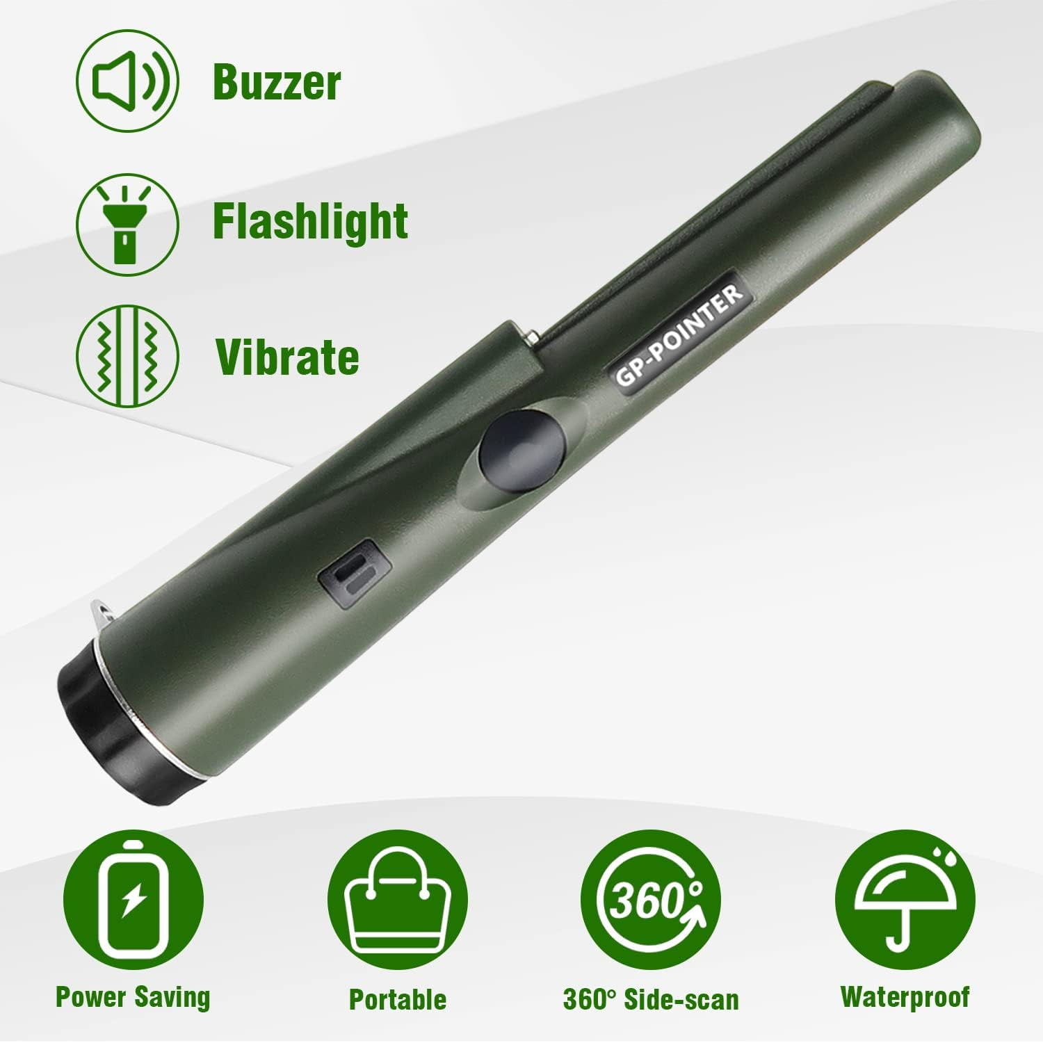 Gruener GP-Pointer Metalldetektor mit Symbolen fuer Summer, Taschenlampe, Vibration, Batterie, Tragbarkeit und Wasserdichtigkeit.
