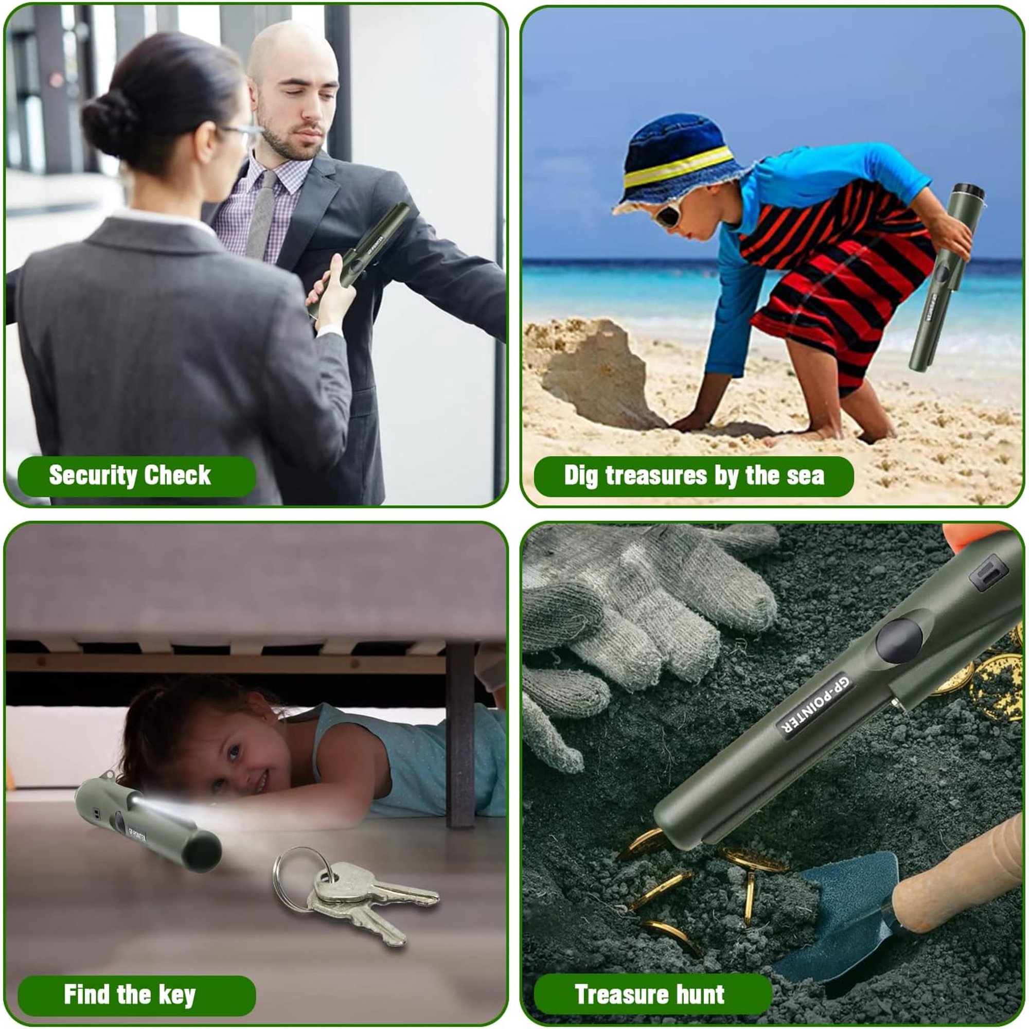 Vier Bilder: Sicherheitskontrolle, Schatzsuche am Strand, Schlüsselsuche unter dem Bett und Schatzsuche mit Detektor.