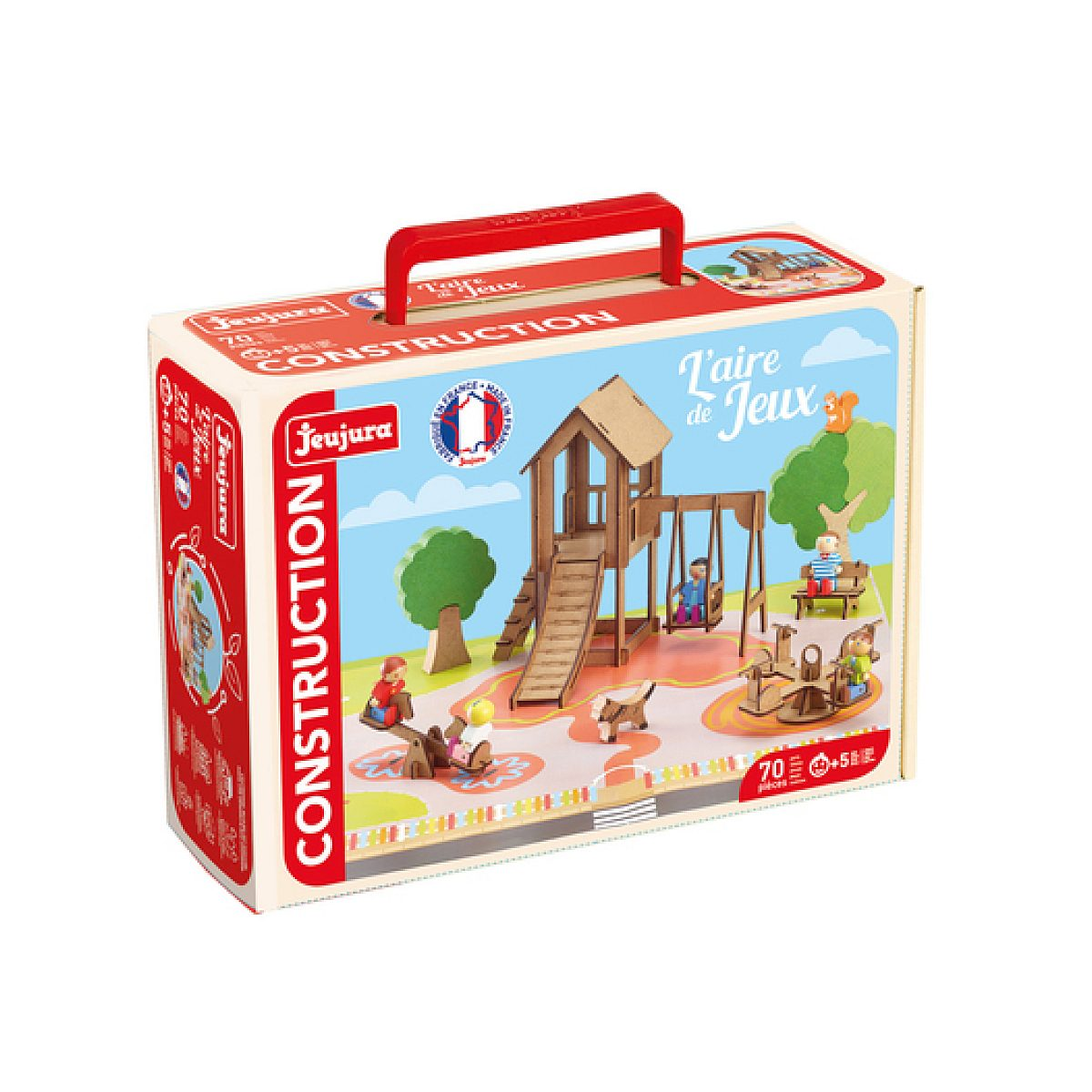 Eine Spielzeug-Holzbausatz-Verpackung zeigt einen zusammengebauten Kinderspielplatz mit Rutsche und Schaukel.