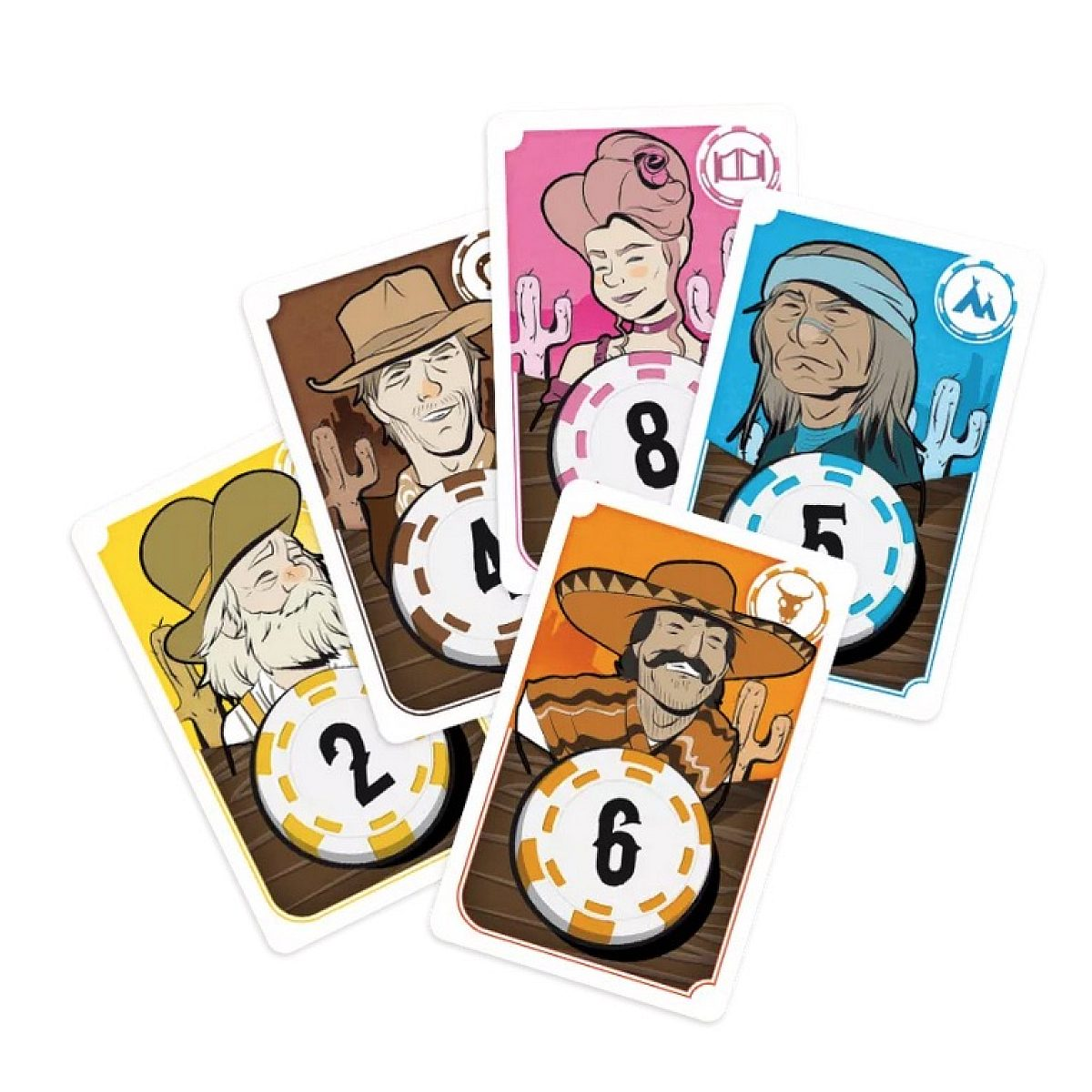 Fünf illustrierte Spielkarten mit Wild-West-Charakteren und Pokenchips mit den Zahlen 2, 4, 8, 5 und 6.
