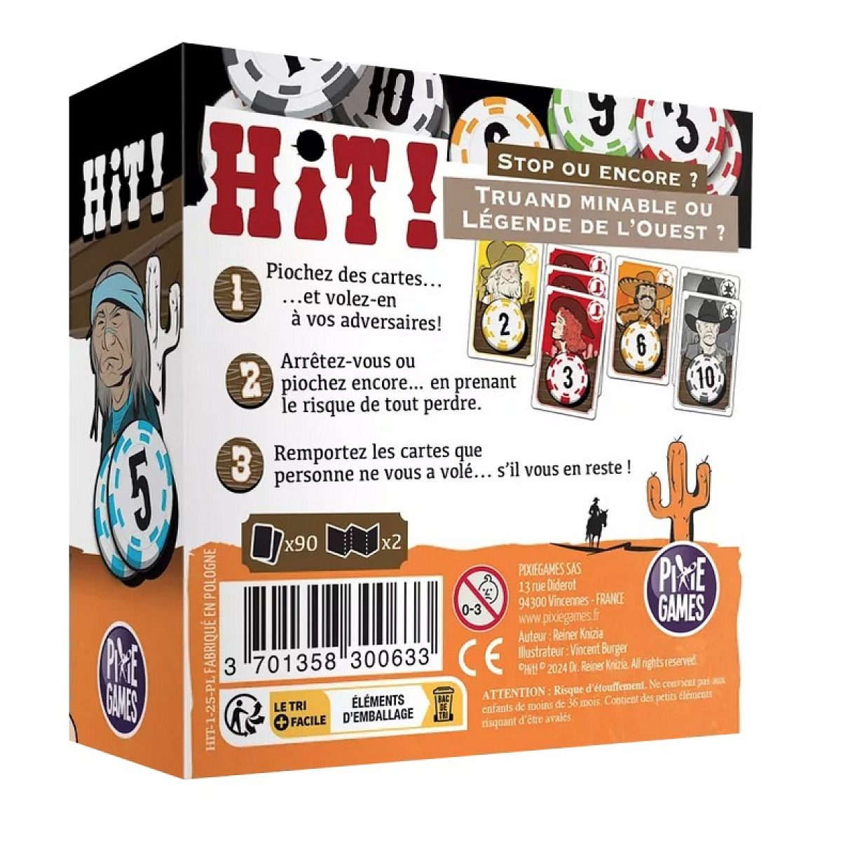 Rückseite der Verpackung des Kartenspiels Hit! mit Spielregeln, Illustrationen und Pokerspielen.