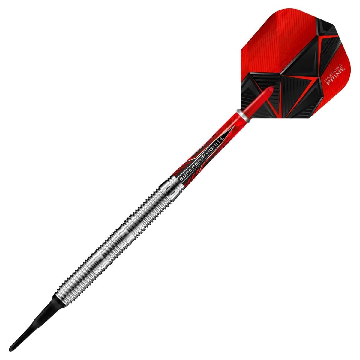 Ein roter und silberner Dartpfeil mit schwarzer Spitze und gemustertem Flug auf weißem Hintergrund.