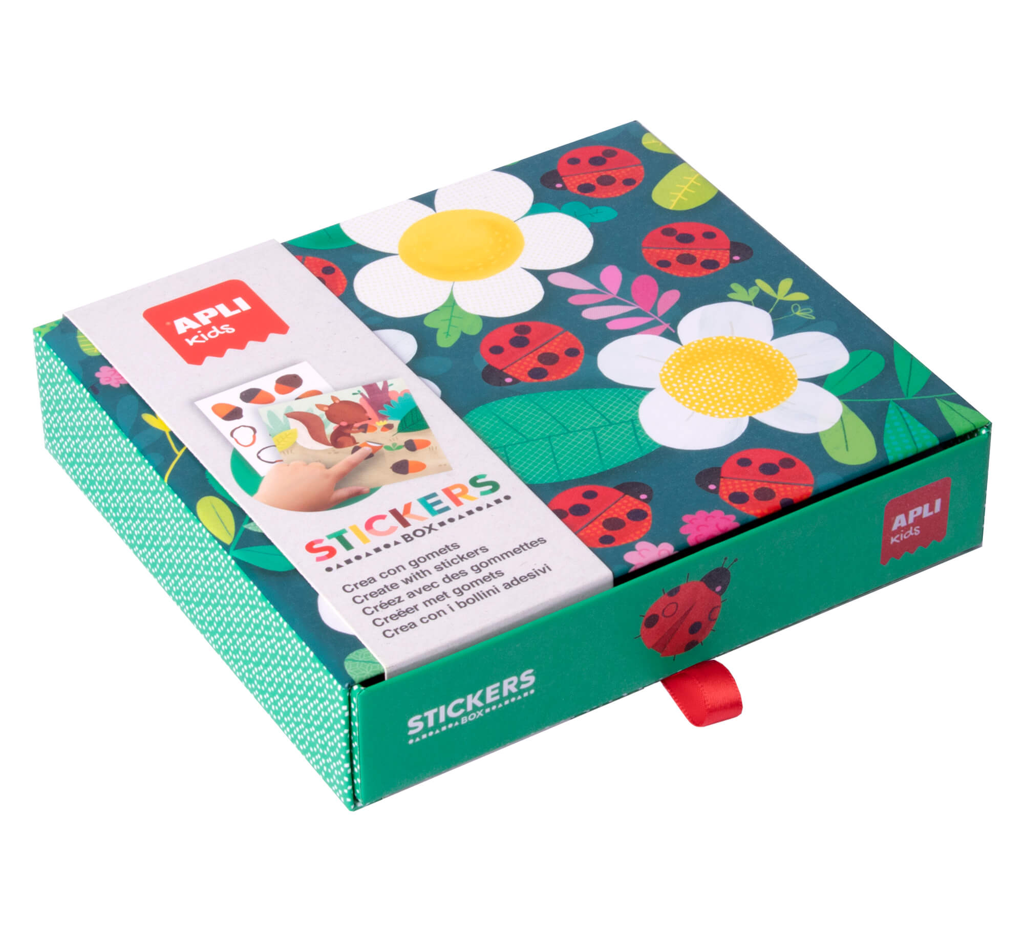 Una caja de pegatinas Apli Kids verde con motivos de flores y mariquitas y una faja.