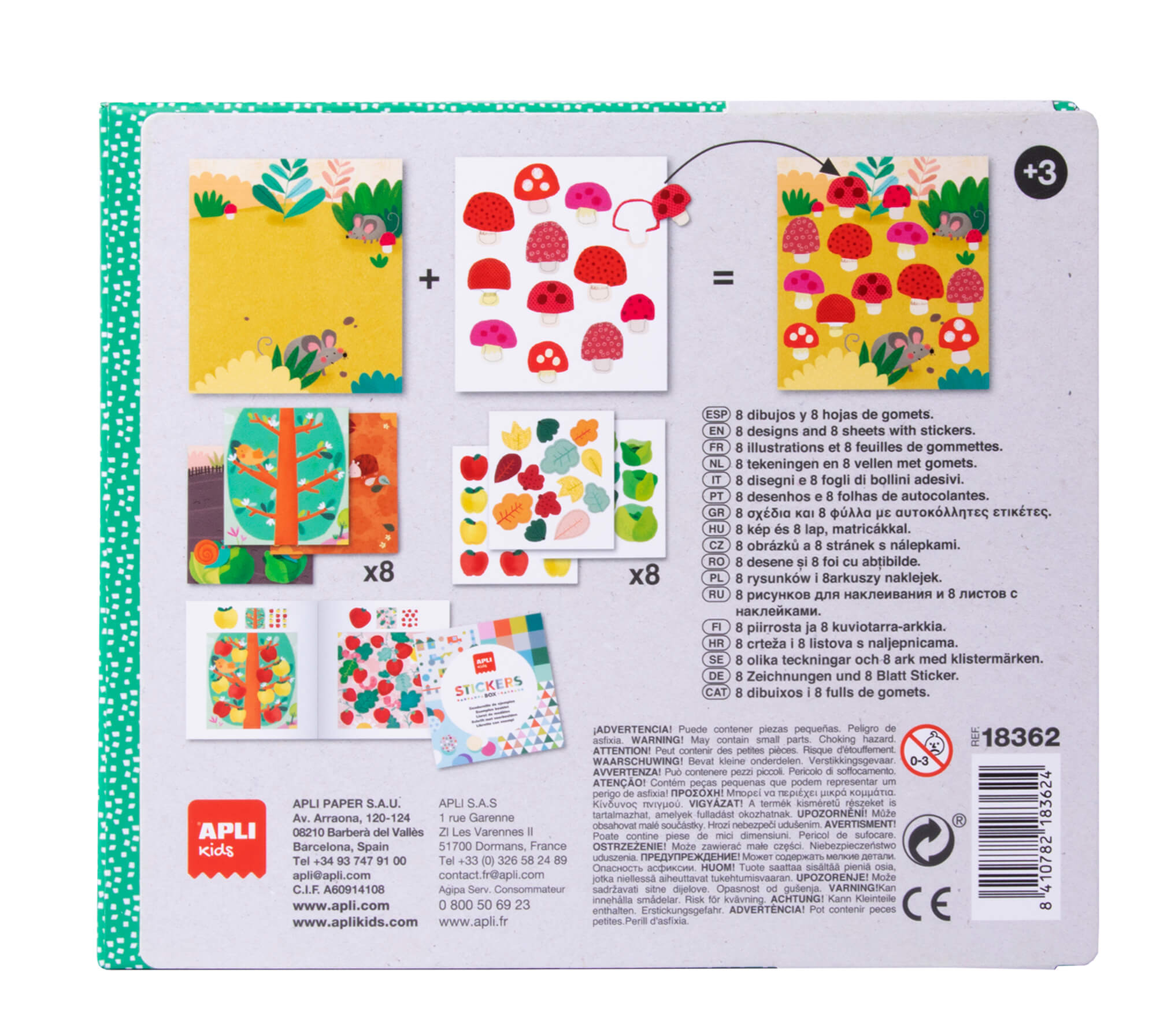 La parte trasera de un paquete de pegatinas Apli Kids con diseños de setas, instrucciones y código de barras.