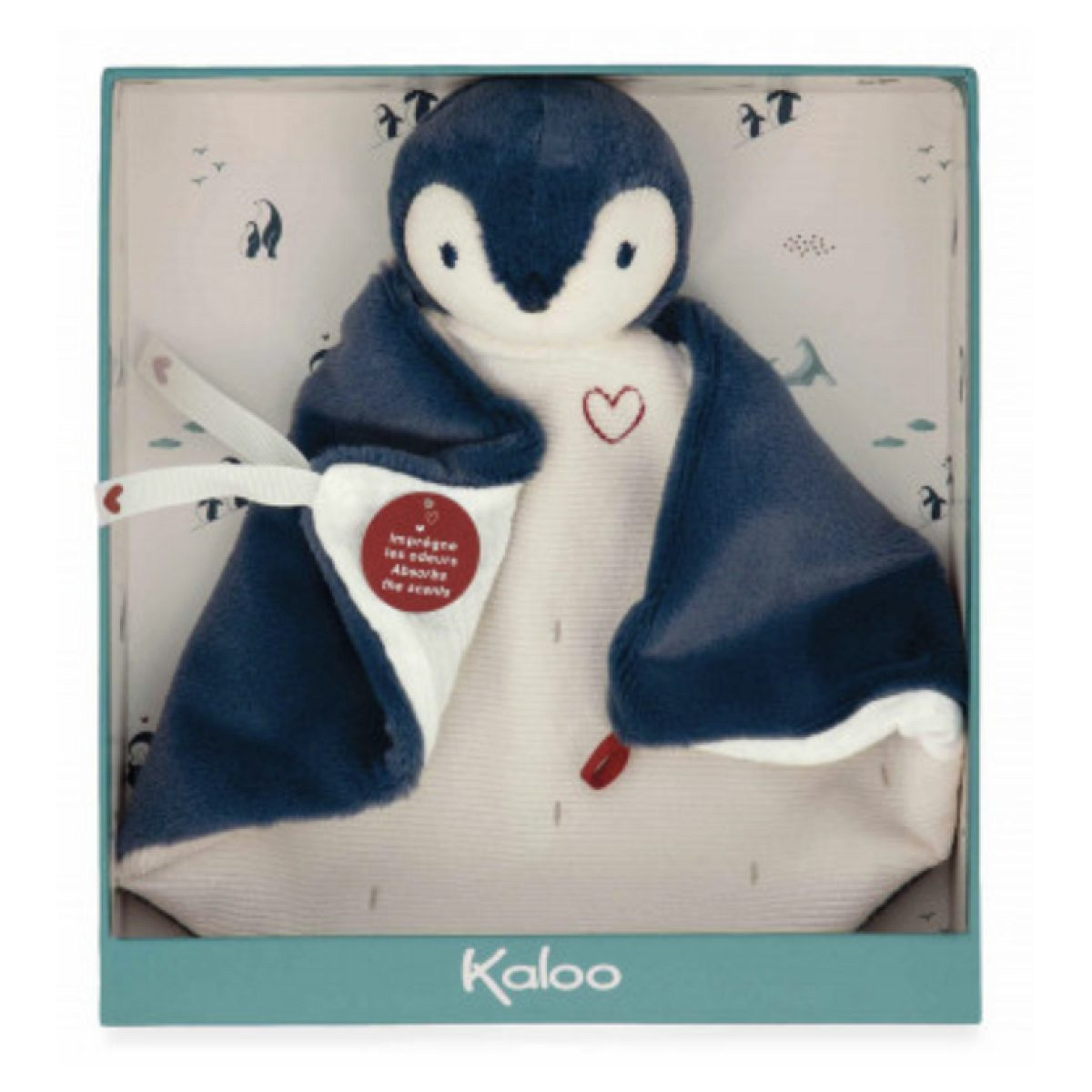 Ein Plüsch-Pinguin-Schmusedecke mit einem Herz-Symbol in seiner Geschenkbox.